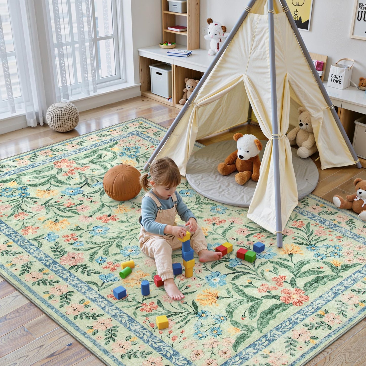 Lahome Sylvie Washable Green Rug, 5x7 Whimsical Floral Rug for Nursery, Boho Cute Bedroom Carpet for Playroom Baby Girl Nursery Classroom Decor, Green/Multi