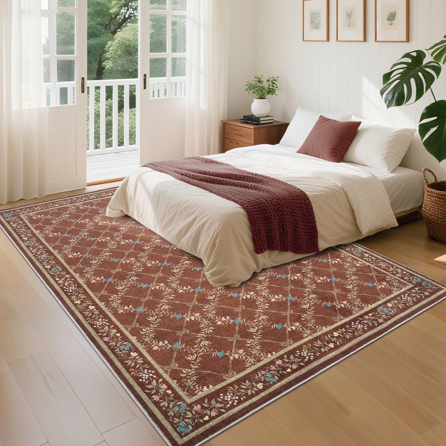 Garvee 8x10 Rugs for Living Room Floral Rug for Bedroom Washable Rugs Stain Resistant Easy Cleaning Non Slip Floor Cover for Dining Room Office Nursery, Red