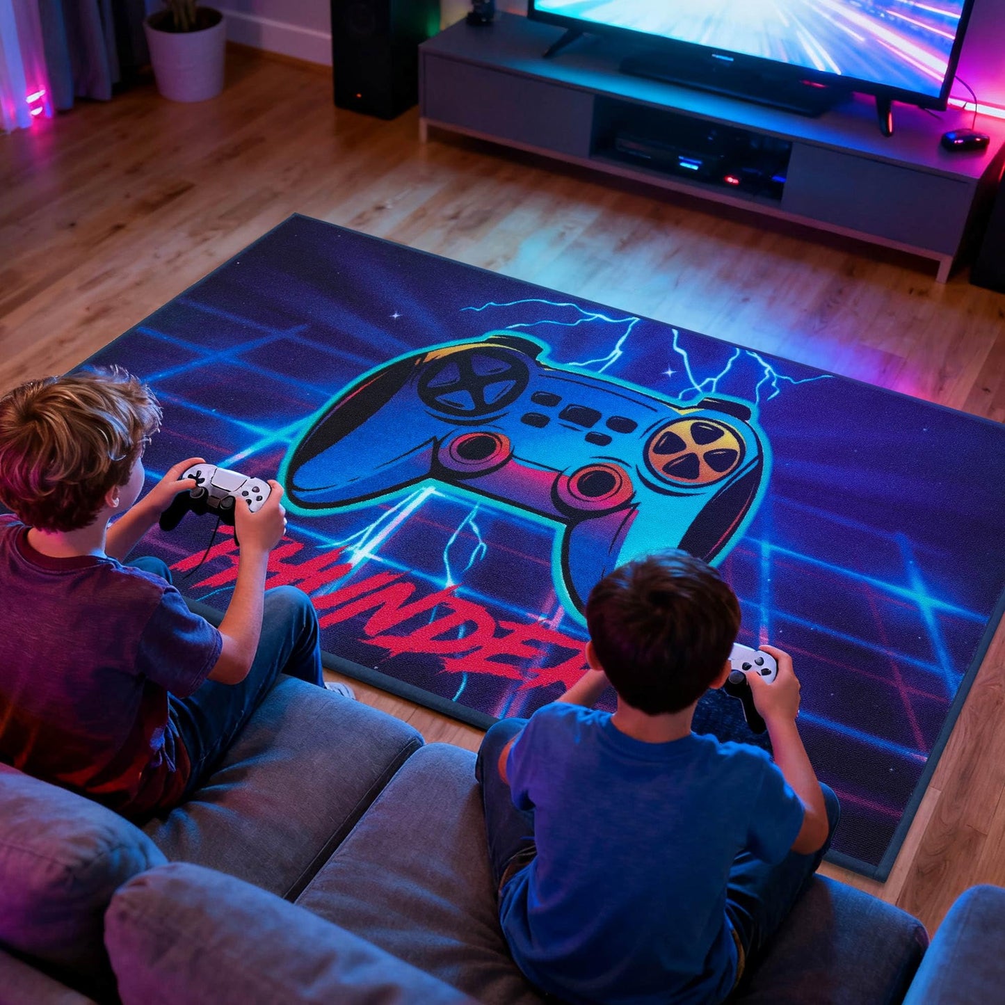 JSEI Gaming Rug for Kids Teens 32"x60", Video Game Kids Rug with Gamepad Controller Pattern, Non-Slip & Machine Washable Gaming Floor Carpet Mat for Playroom,Living Room&Bedroom, Blue