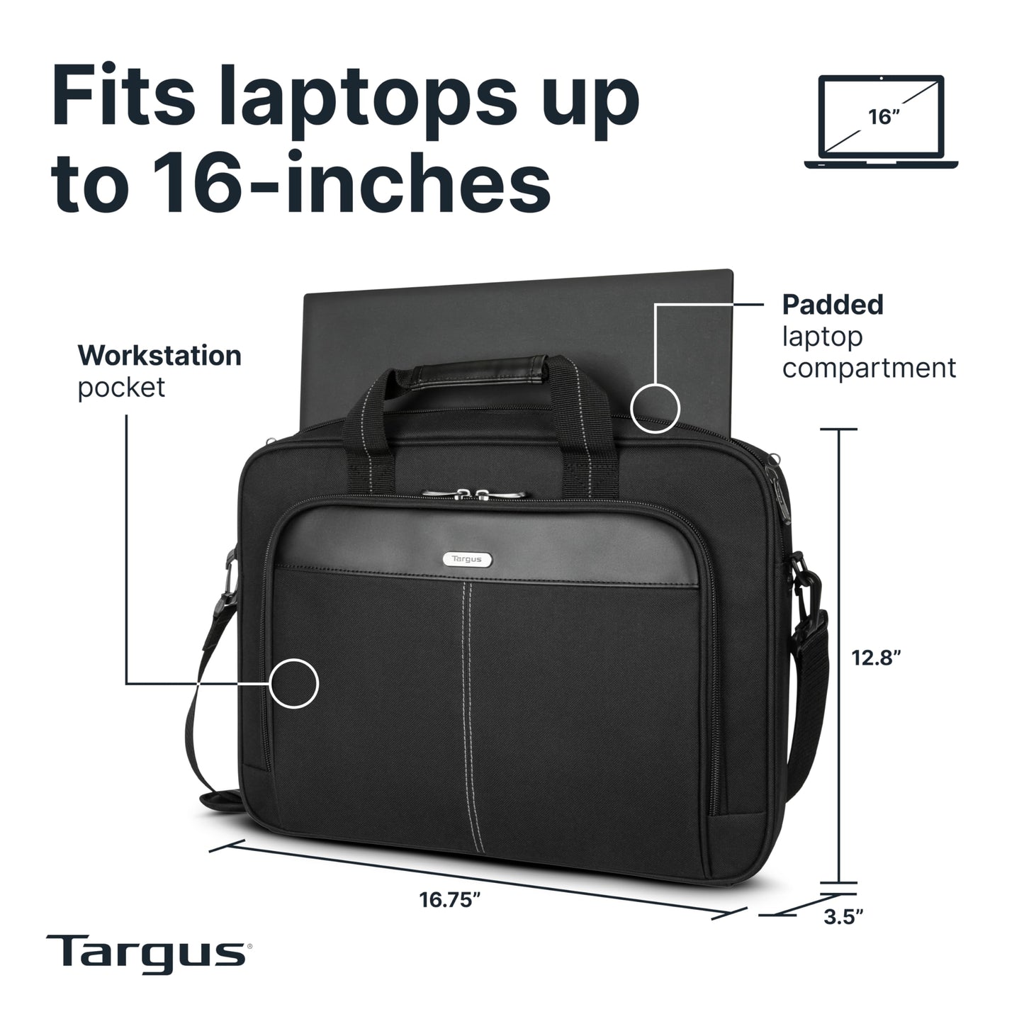Targus 15-16 Inch Slim Lightweight Laptop Briefcase, Black - Messenger and Shoulder Bag with Padded Compartment and Trolley Strap for 16" Laptops (TCT027US)