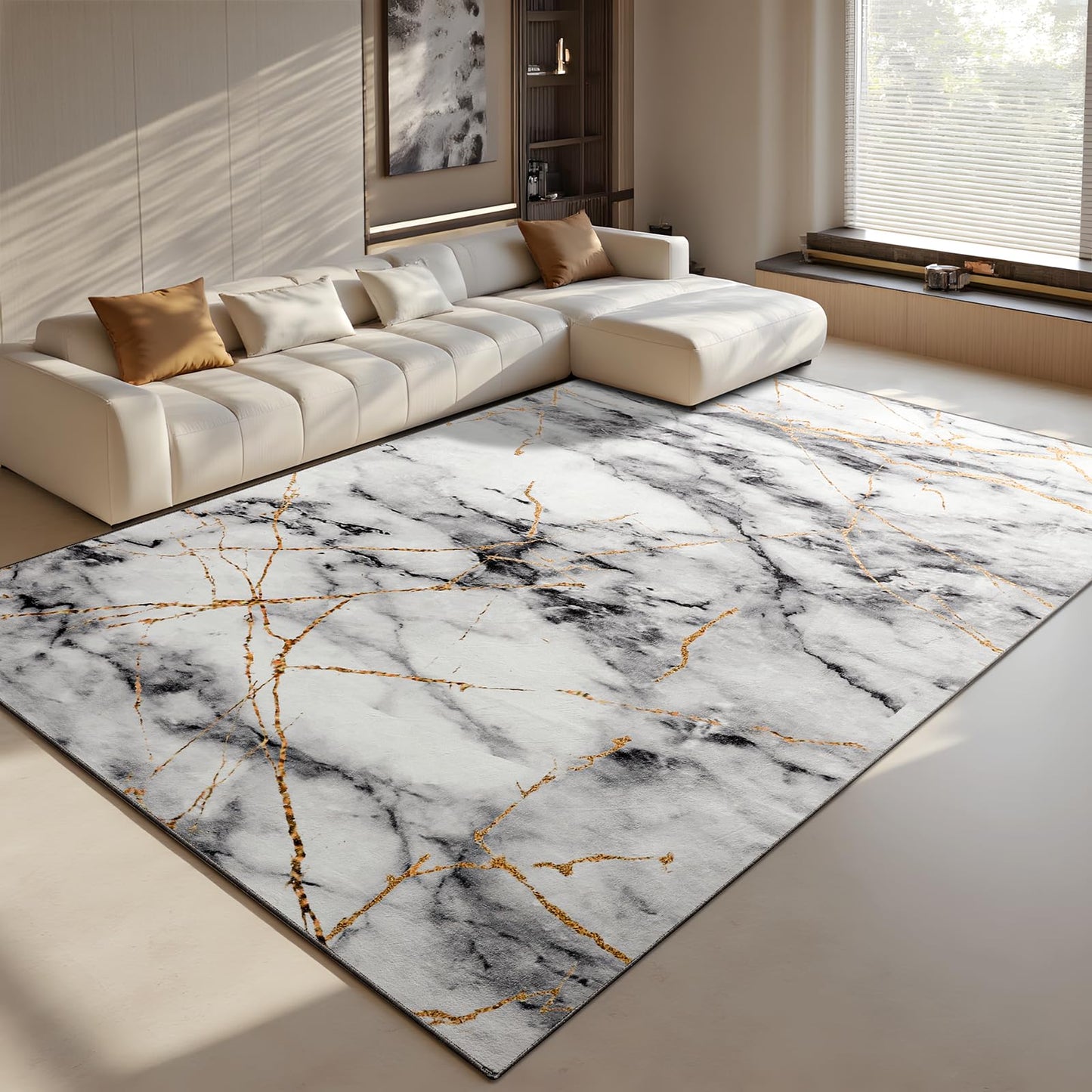 CRYPTOLITE Living Room Rug Washable Abstract Rugs with Non-Slip Backing Low Pile Area Rug for Living Room, Bedroom, Dining Room, 6x9, Gold&Grey