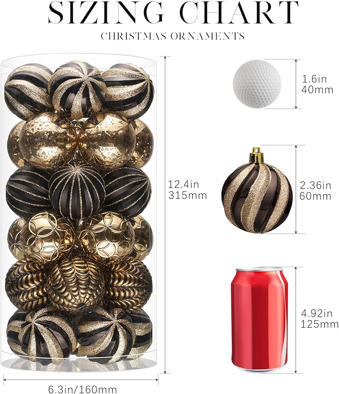 JORNOY Christmas Balls Ornaments, 30ct Shatterproof Xmas Tree Decorations, Hanging Bulbs Baubles Set with String for Holiday Home Party Decor, 2.36 inch/60mm, Black&Gold