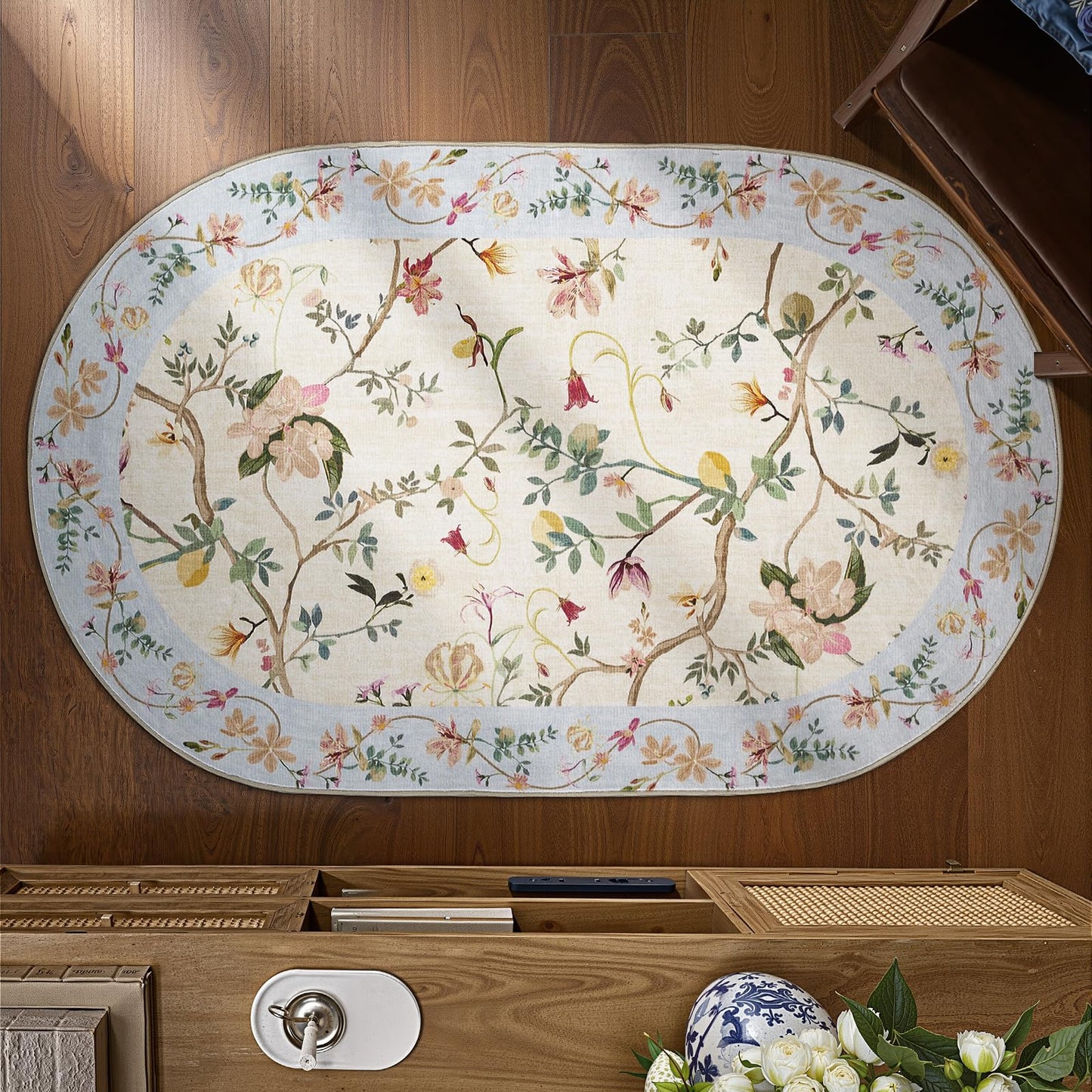 jinchan Floraison Floral Oval Rug for Entryway 3x5 Washable Oriental Flower Design Soft Non Slip Lightweight Low-Pile Chinoiserie Throw Carpet for Bedroom Living Kitchen Room Home Beige/Blue