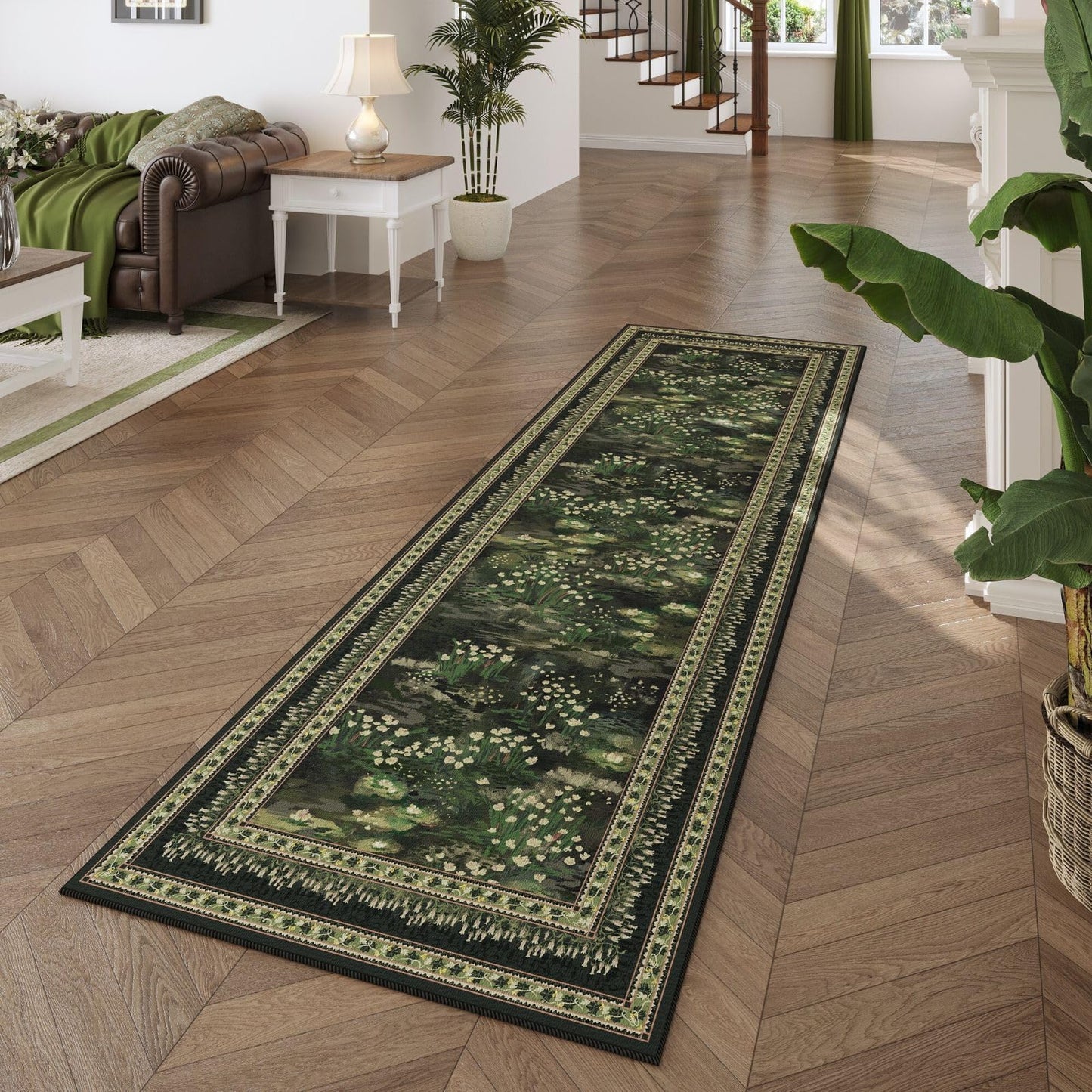 Rugcomf Runner Rug Impressionist-Style Vintage Kitchen Rugs Non Slip Washable Soft Carpet Runner for Kitchen Laundry Bedroom Bathroom, Green