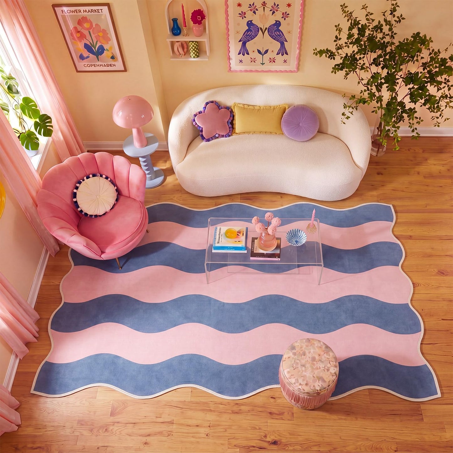 Nuanchu 5x7 ft Scalloped Area Rug, Funky Two-Tone Wave Striped Aesthetic Carpet, Non Slip Non Shedding Low Pile Machine Washable Geometric Floor Mat for Living Dining Room Bedroom Home Office