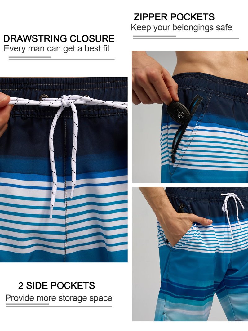 SILKWORLD Mens Swim Trunks with Compression Liner Quick Dry Split-Leg Swimsuit Swimwear Men's Shorts Bathing Suit,Blue and White Stripes,Large
