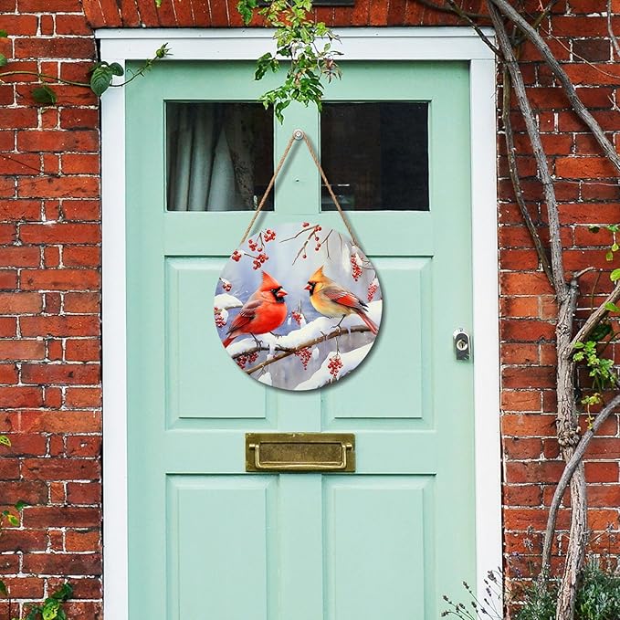 Winter Cardinal Bird Door Wreaths for Front Xmas Welcome Birds Wood Hanger Snowy Winter Branches Berry Door Sign Christmas Holiday Sign for Home Front Porch Wall Outdoor Outside 12in
