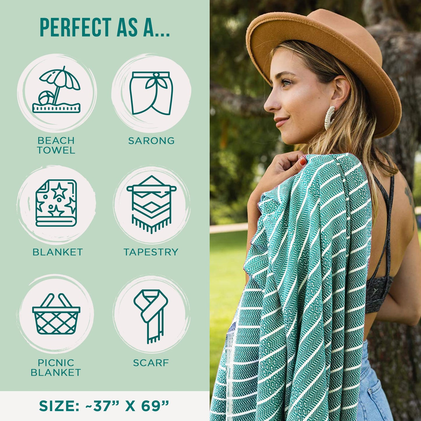 Sand Cloud Large Turkish Beach Towel - Sand Resistant - Fast Drying -100% Certified Organic Turkish Cotton Yarn - Great for Beach Bath or as a Blanket - As Seen on Shark Tank - Gocek (Mint) 37x69