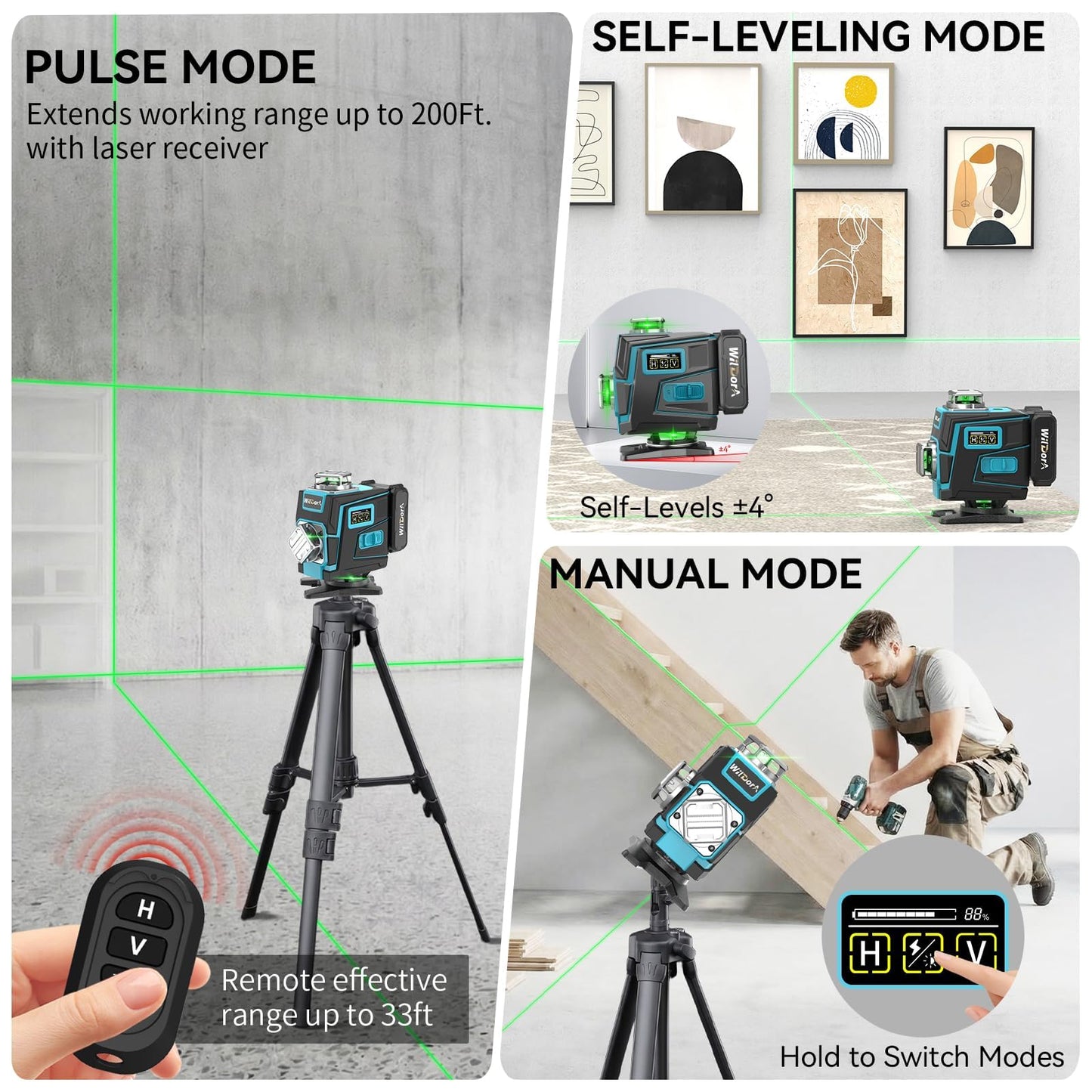 Wildora Laser Level with Tripod, 4x360° Self Leveling ±4° Laser Level, Remote Control 4D Green 16 Line Laser Leveler Tool for Woodworking&Renovation, with 2x4800mAh Li-ion Batteries&Hard Carry Case