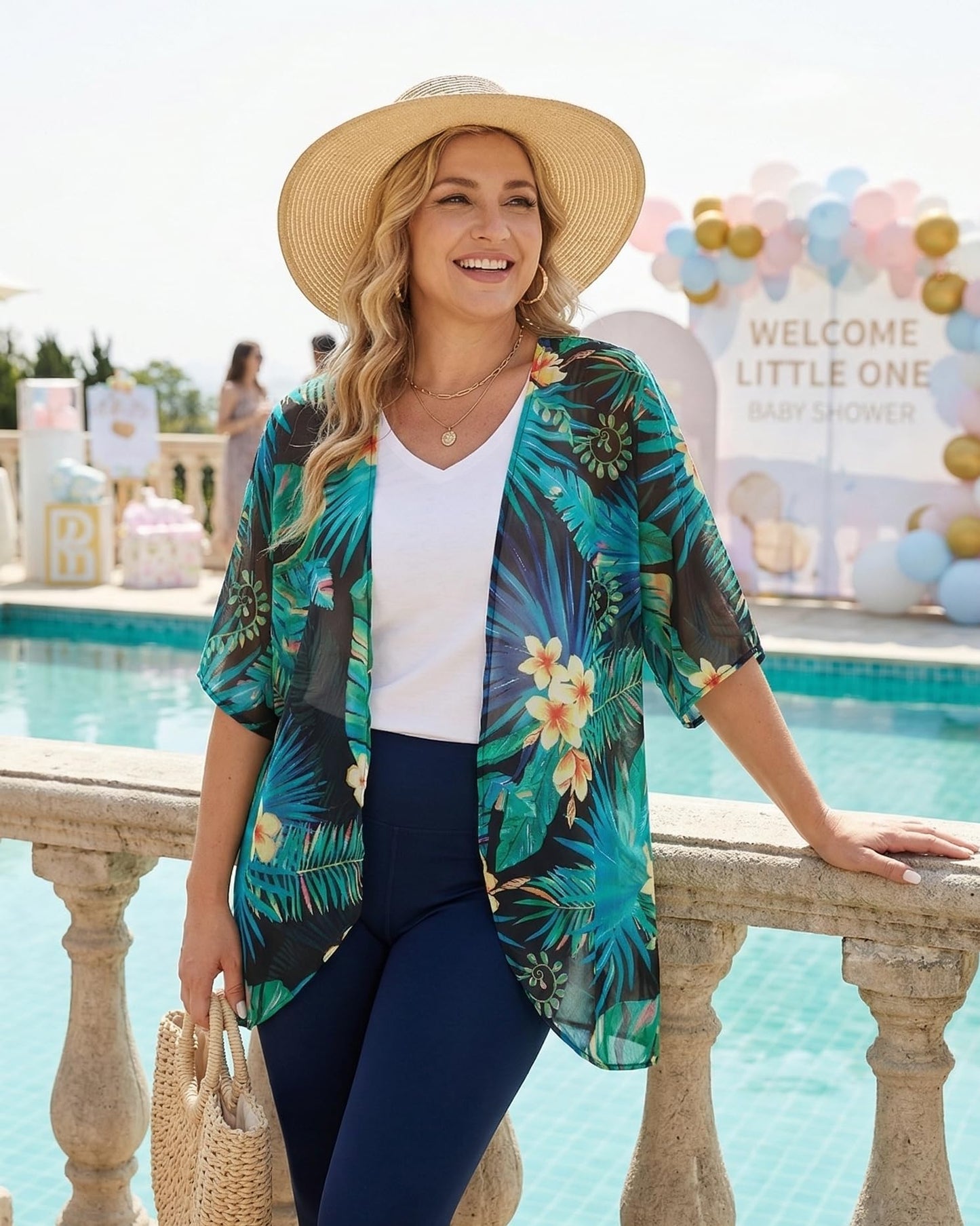 Women's Floral Print Puff Sleeve Kimono Cardigan Loose Cover Up Casual Blouse Tops (Black Green Print, 3XL)