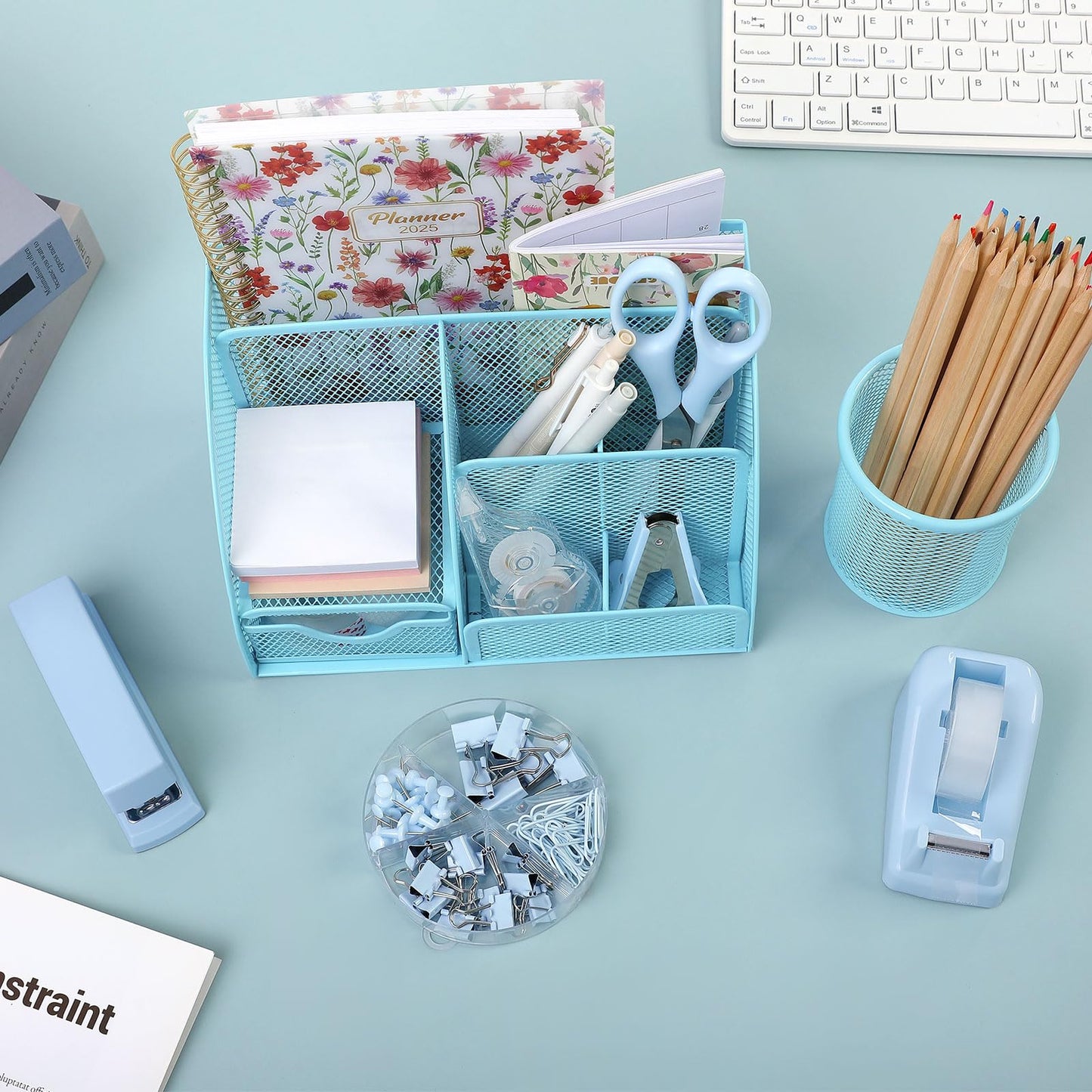 SKYDUE Blue Office Supplies Set, Office Desk Accessories, Mesh Desk Organizer, Stapler, Tape Dispenser, Scissors, Binder/Paper Clips and 1000pcs Staples, Office Supplies for Teacher