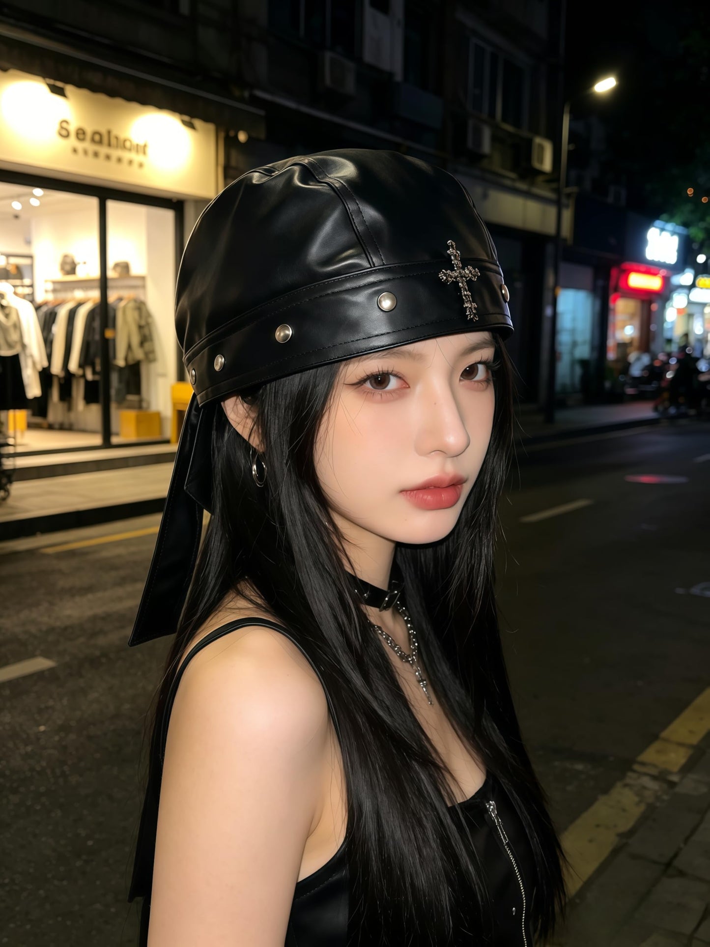 Leather Biker Skull Cap for Women Adjustable Skull-Studded Cross Motorcycle Hat with Snug Fit, Stylish Biker Head Wrap & Riding Cap