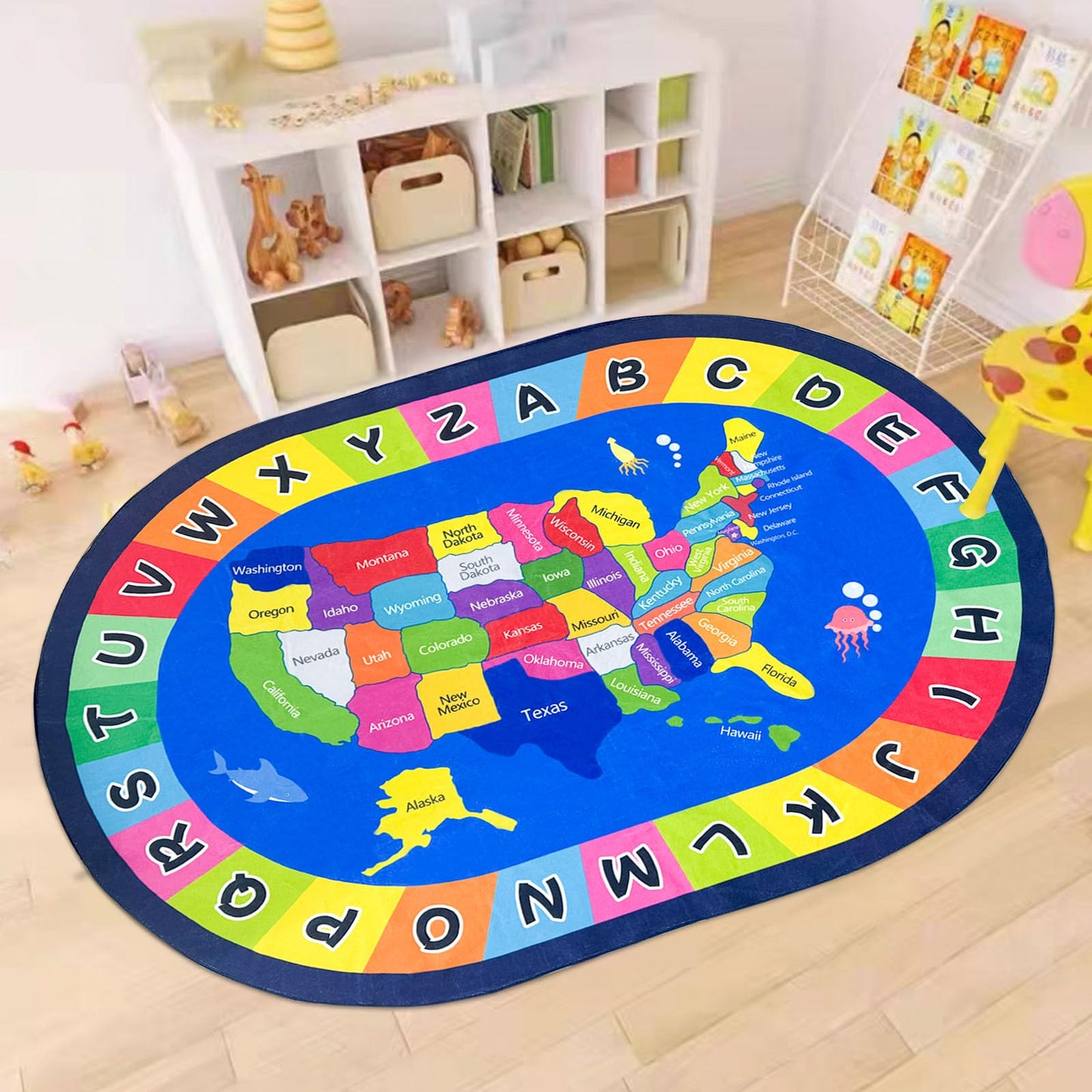 USTIDE Large Oval Kids Rug 6x9 Ft USA Map Area Rugs ABC Alphabet Educational & Fun Non-Slip Map Themed Play Mat for Bedroom Classroom Playroom