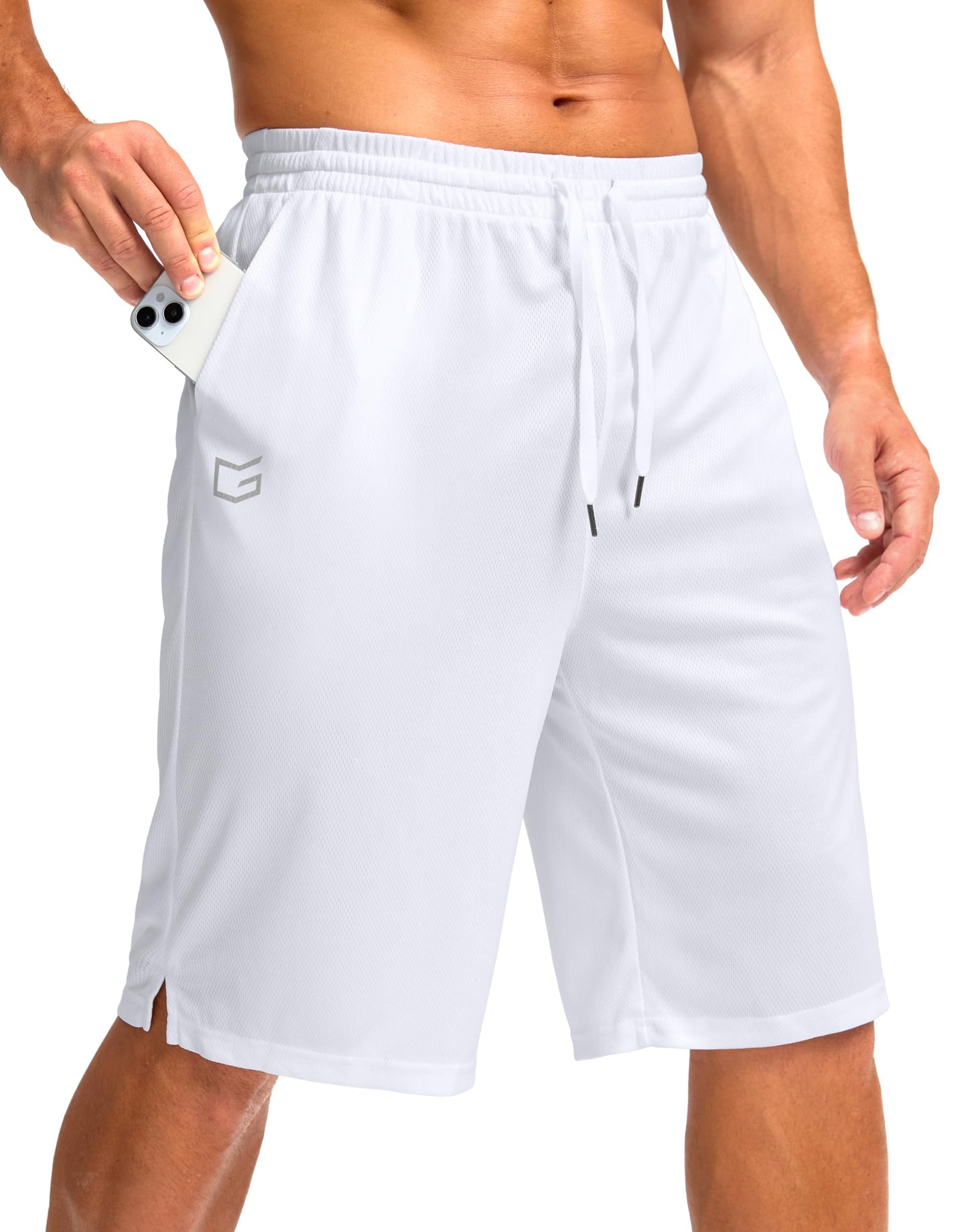 G Gradual Men's Athletic Shorts with Pockets 9" / 11" Long Basketball Shorts Lightweight Quick Dry Gym Workout Shorts for Men(White,M)