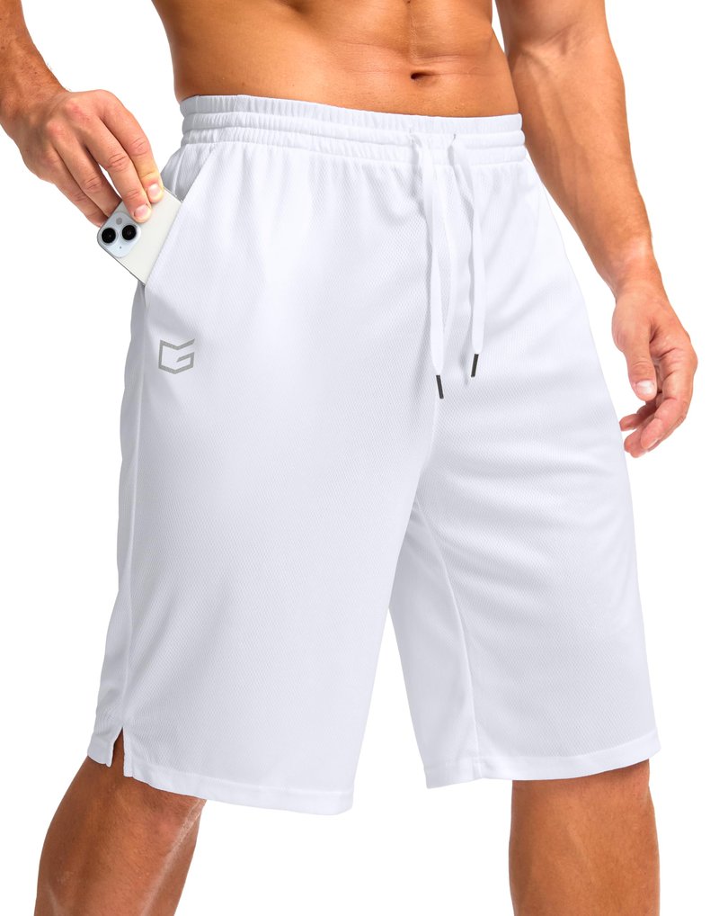 G Gradual Men's Athletic Shorts with Pockets 9" / 11" Long Basketball Shorts Lightweight Quick Dry Gym Workout Shorts for Men(White,XL)