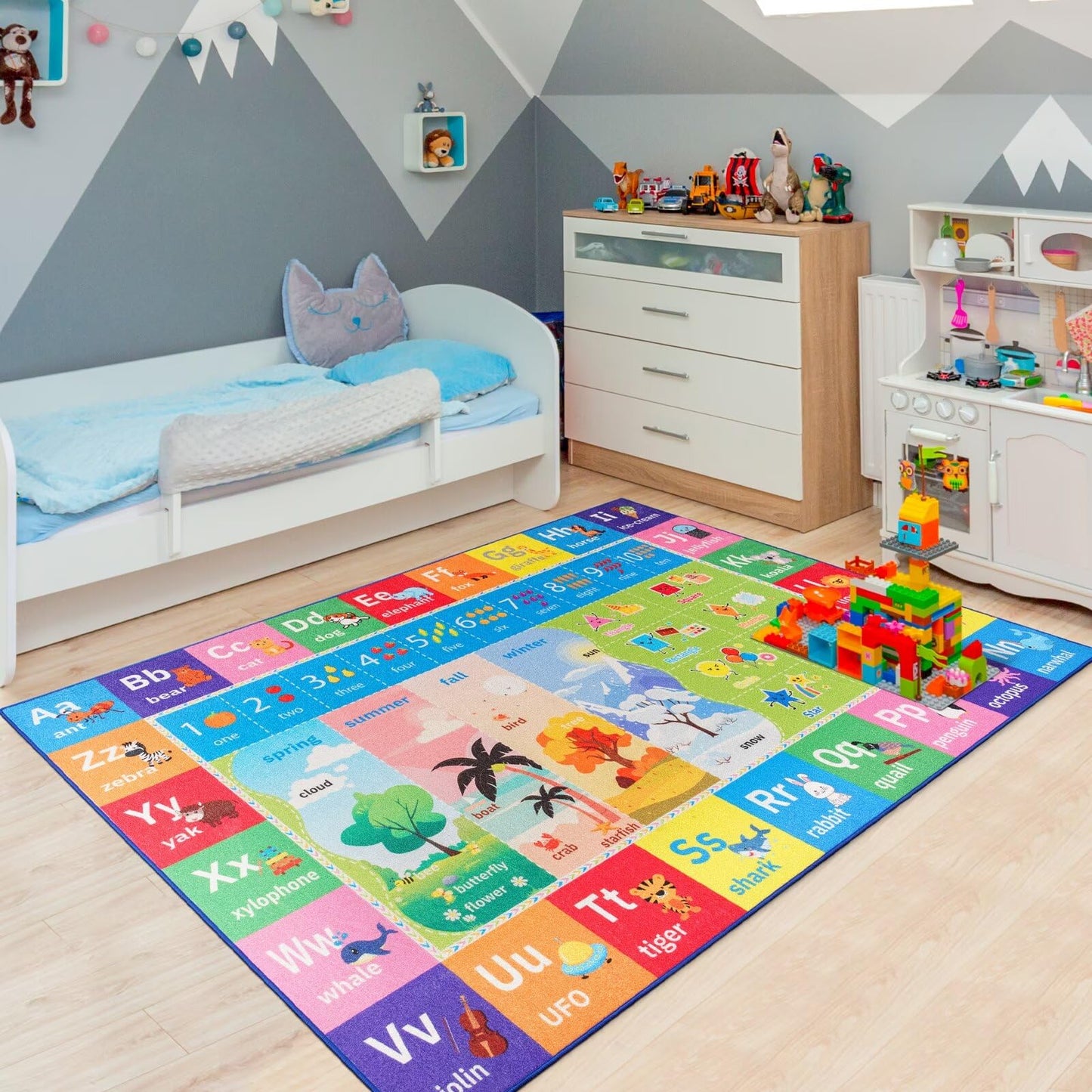 Macgace ABC Kids Rug for Playroom, 4x6 Washable Classroom Area Rugs, Toddler Educational Play Mat with Alphabet Numbers Seasons Shapes, Learning Fun for Preschool Children, Colorful