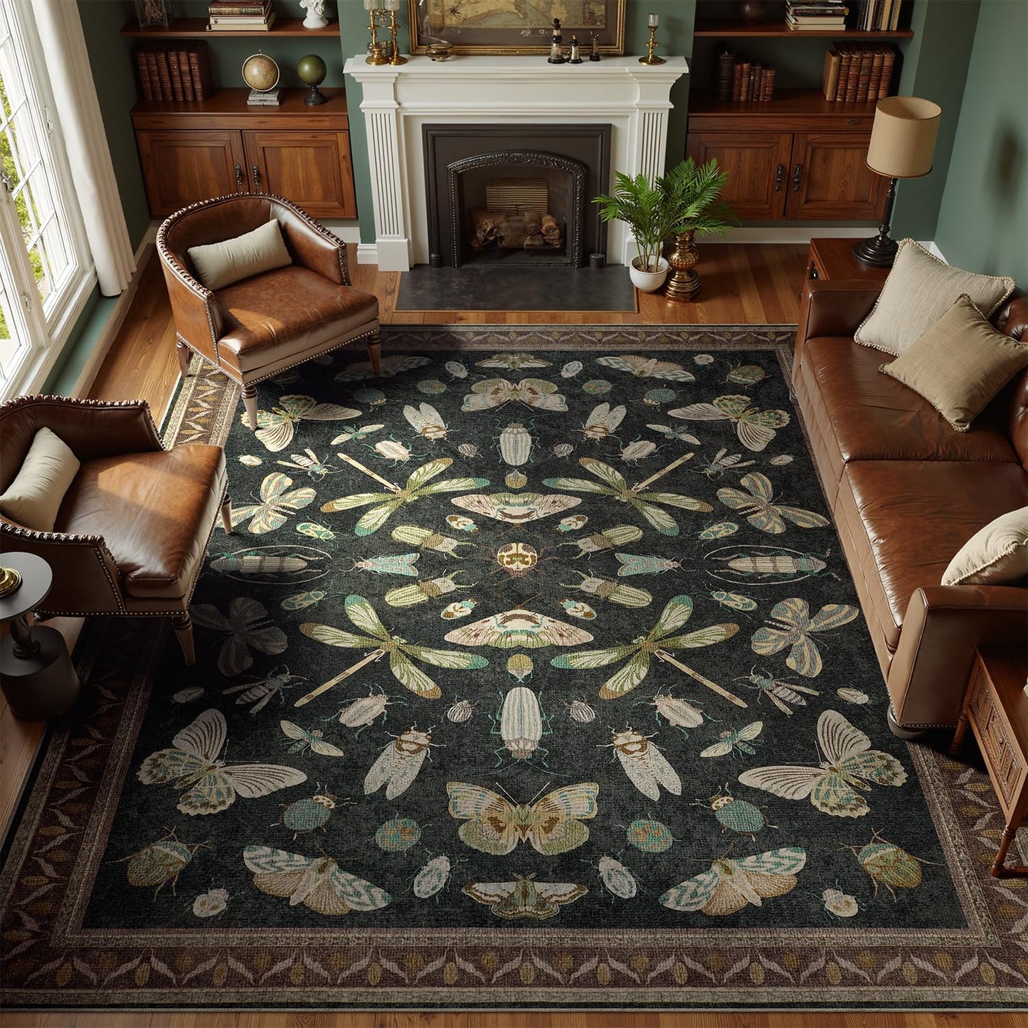 DCX Black 5x7 Washable Bug Rug, Botanical Insect Rug with Non-Slip Rubber Backing, Soft Low-Pile, Stain-Resistant, Kid & Pet Friendly, for Living Room, Bedroom, Office, and Nature-Themed Decor