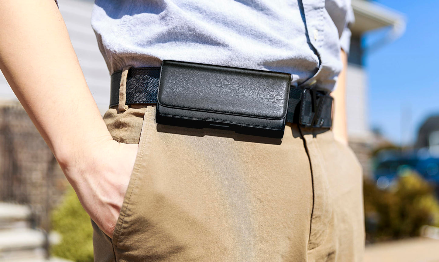 DeBin Cell Phone Case for iPhone Pro Max, Plus Models 16/15/14/13/12/11/Xs Max - Leather Belt Clip Holster with ID/Credit Card Pouch, Magnetic Closure - Black