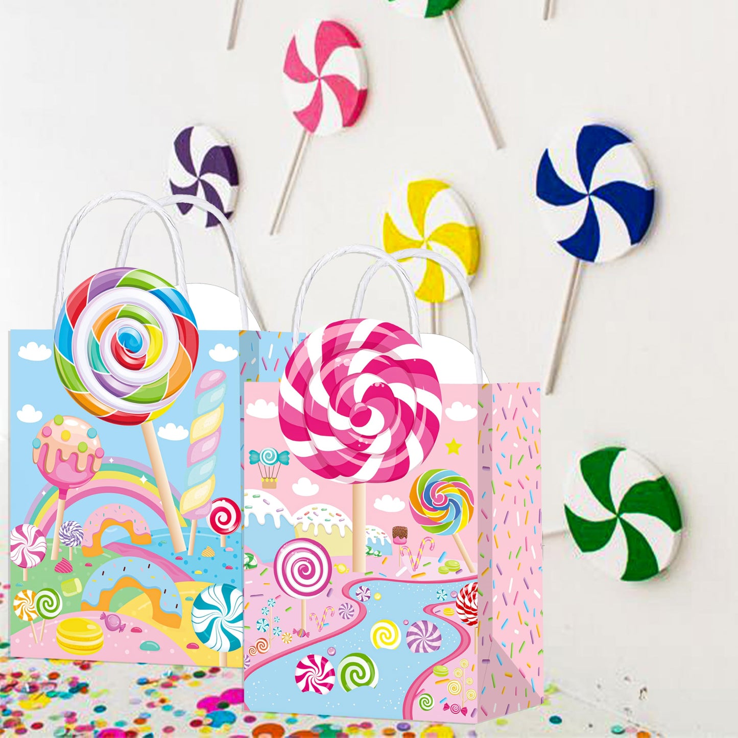 C L cooper life 12pcs Candyland Party Gift Treat Bags with Handles - Lollipop Themed Party Goodie Bags - Candyland Birthday Party Supplies