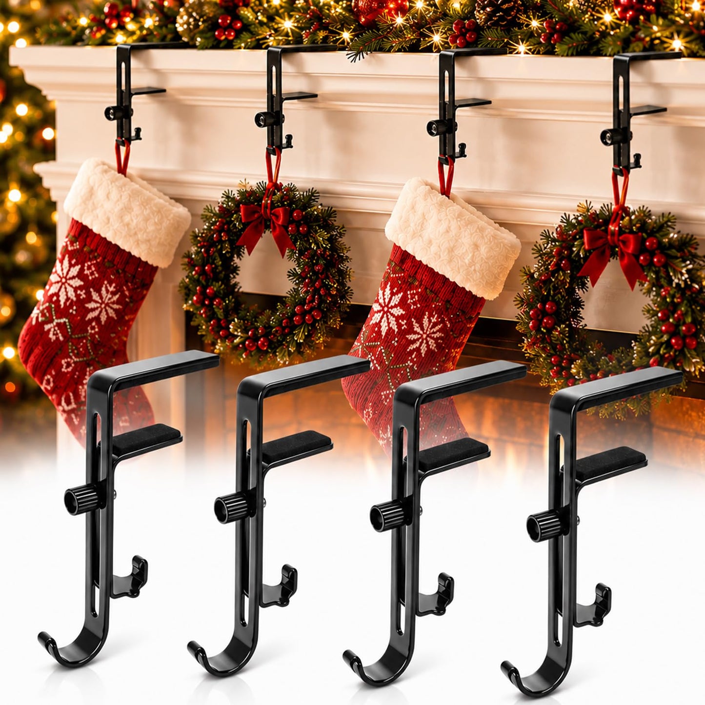 Gayrrnel 4 Pack Stocking Holders for Mantle, 2 in 1 Mantel Hanger for Garland Hooks for Christmas Adjustable No Drill Mantle Garland Hange for Fireplace Xmas Holiday Home Party Decoration