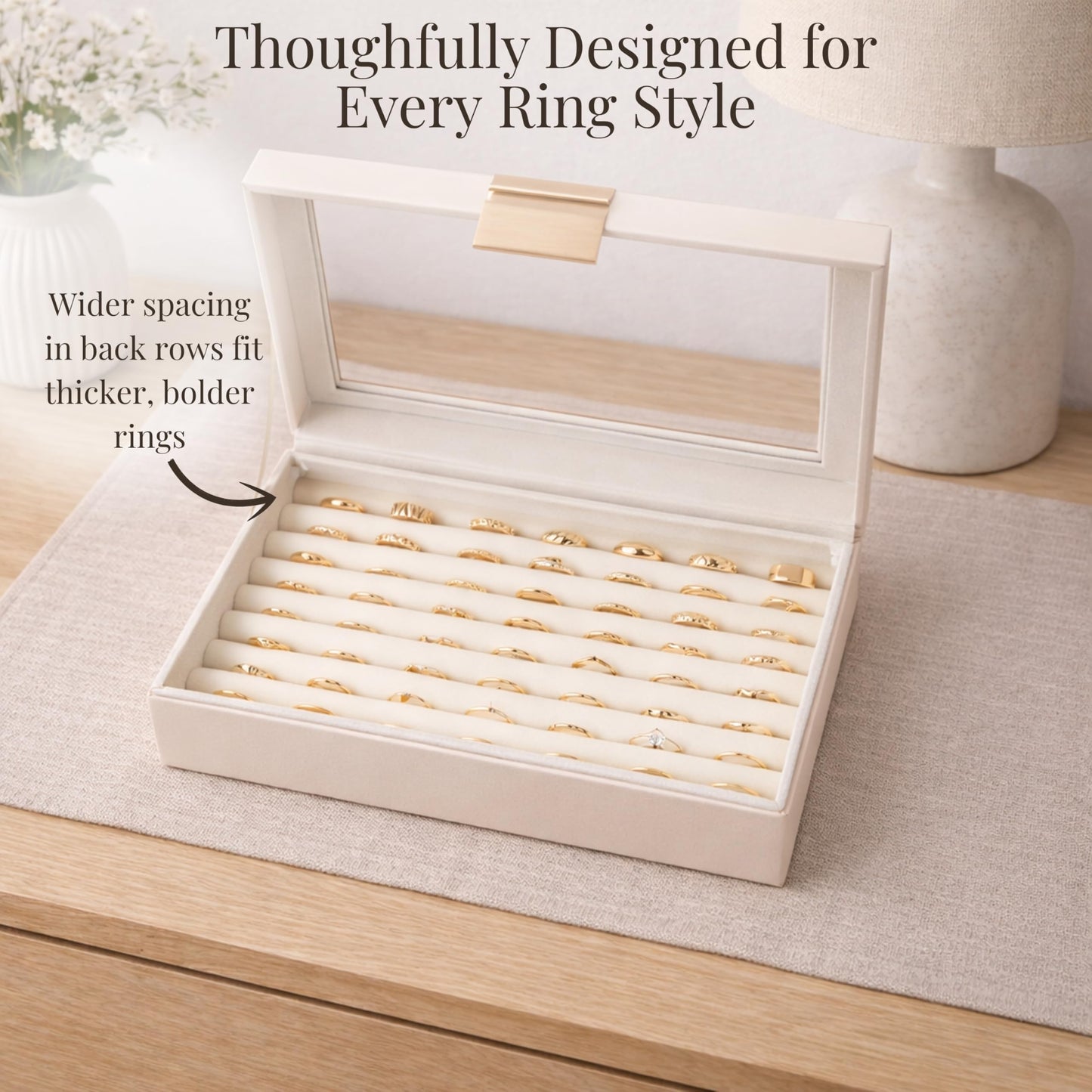 Ring and Earring Jewelry Display Box – Holds Up to 80 Rings, Faux Leather Jewelry Box with Velvet Interior and Clear Viewing Lid for Ring Organizer and Display