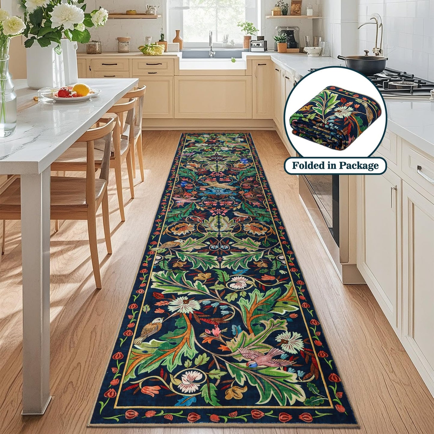 nesrt Botanical Runners for Hallways Kitchen Rug Non Slip 2x10, Long Washable Boho Jungle Runner Rugs, Soft Floral Forest Birds Carpet Runner for Hall, Laundry, Bedroom, Bathroom (Dark Green)