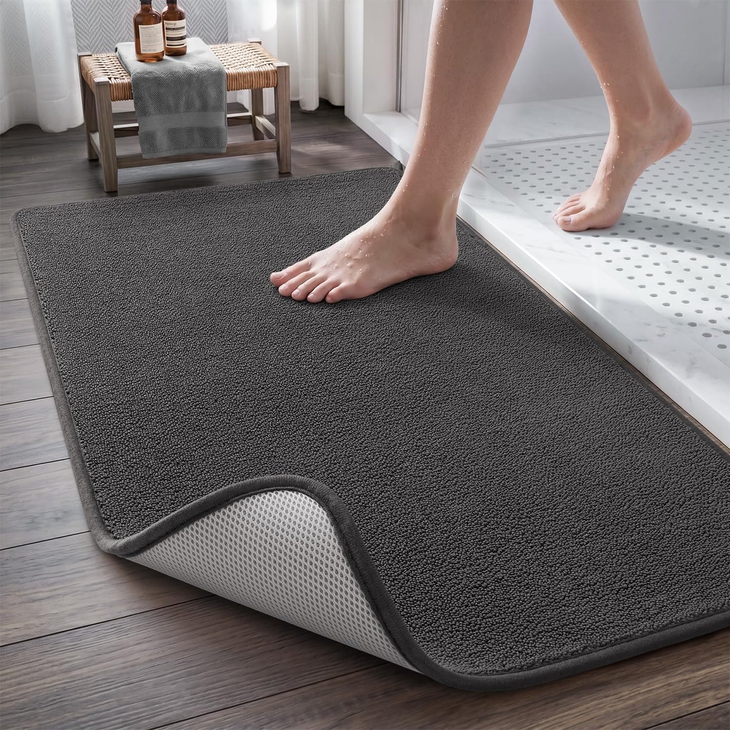 MontVoo Quick Dry Bath Mat,Thin Low-Profile Bathroom Rug, Absorbent Bath Mats for Floor with Non-Slip Backing, Machine Washable Bath Rug for Shower, Bathtub, Sink, Darkgrey, 17x24