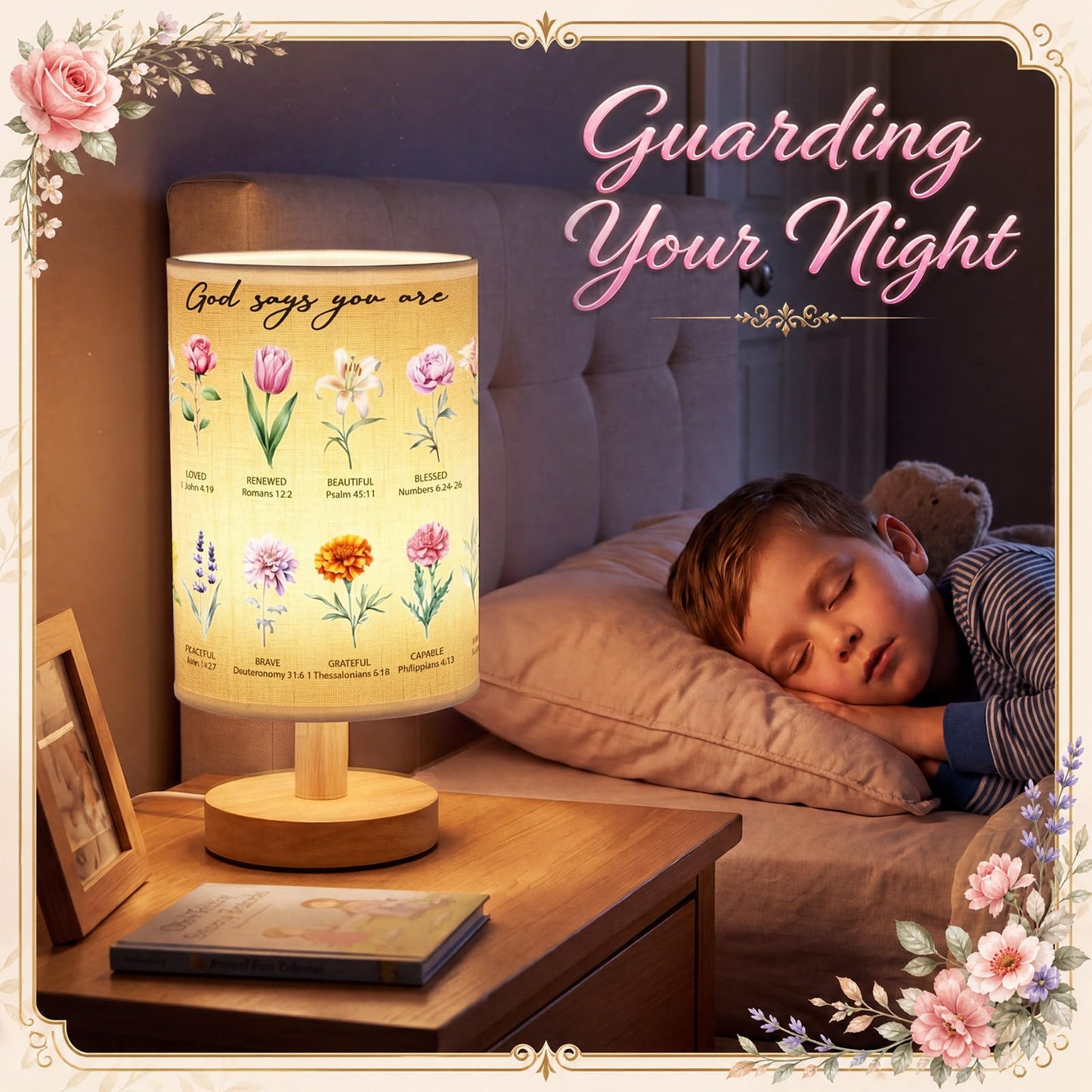 Gerrii Christian Gifts for Women Floral Table Lamp with Bible Verses, 9.6" Small Boho Bedside Lamp with Wooden Base, Religious Room Decor for Mom Friends Birthday Christmas