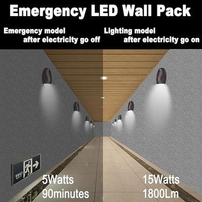dephen 15W LED Emergency Wall Pack Light with Battery Backup and Photocell, Dusk to Dawn WallPack 3500K/4000K/5000K CCT, 90 Minutes 600Lm Security Lighting Self Test (UL-Listed)