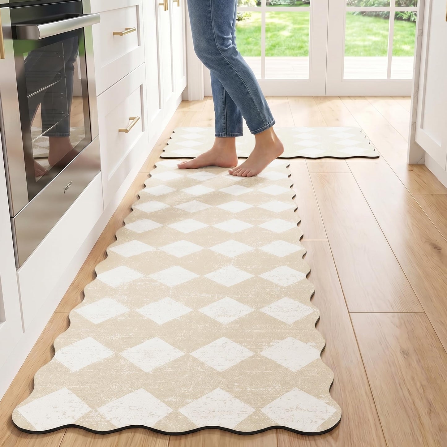 Scalloped Moroccan Trellis Cream Checkered Kitchen Rug Sets [2 PCs], Anti-Fatigue, Waterproof Non-Slip Kitchen Mats Heavy Duty Ergonomic Comfort Foam Rug for Floor, Home, Laundry,17.3"x29"+17.3"x47"