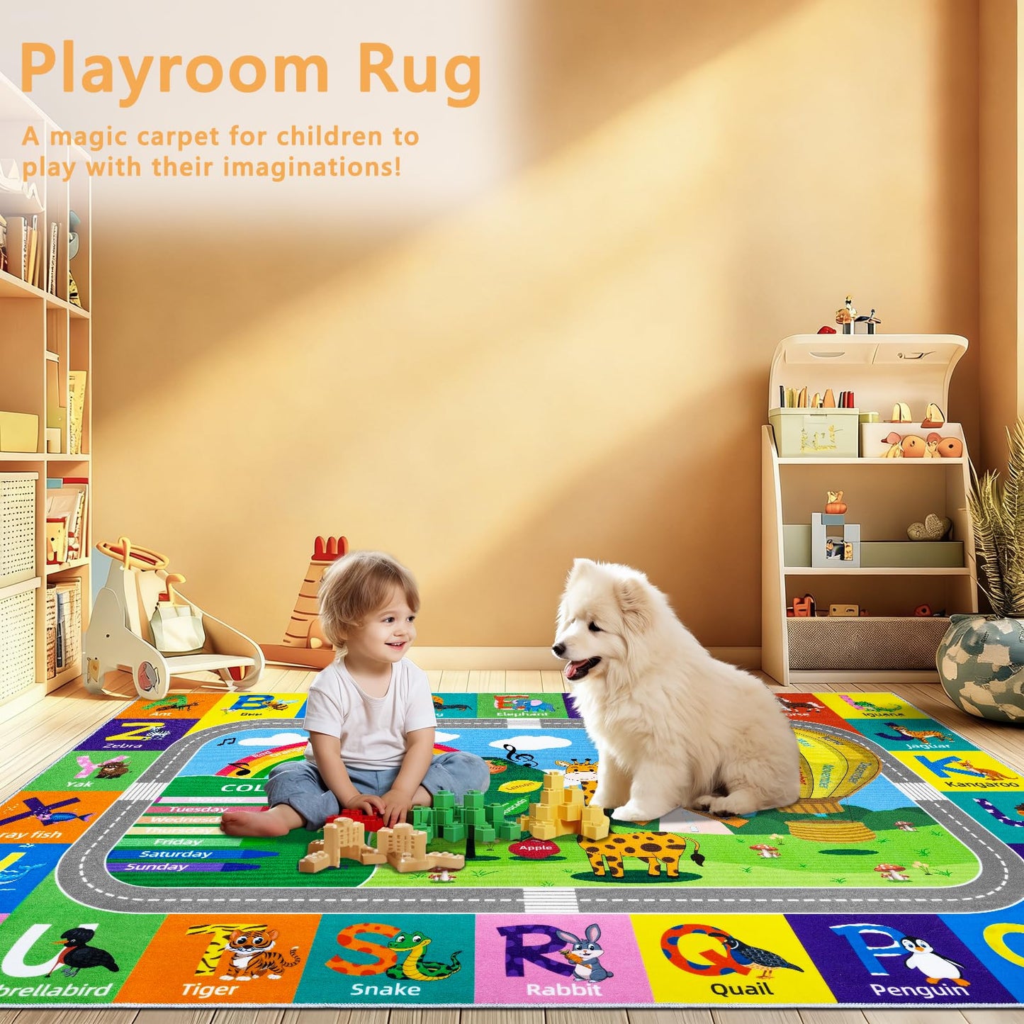 VSIWB Kids Rug for Playroom Educational ABC Rug Washable Play Mat Learning Alphabet Animals Numbers Non-Slip Soft Kids Carpet for Baby Toddler Classroom Nursery Bedroom Decor 5x7