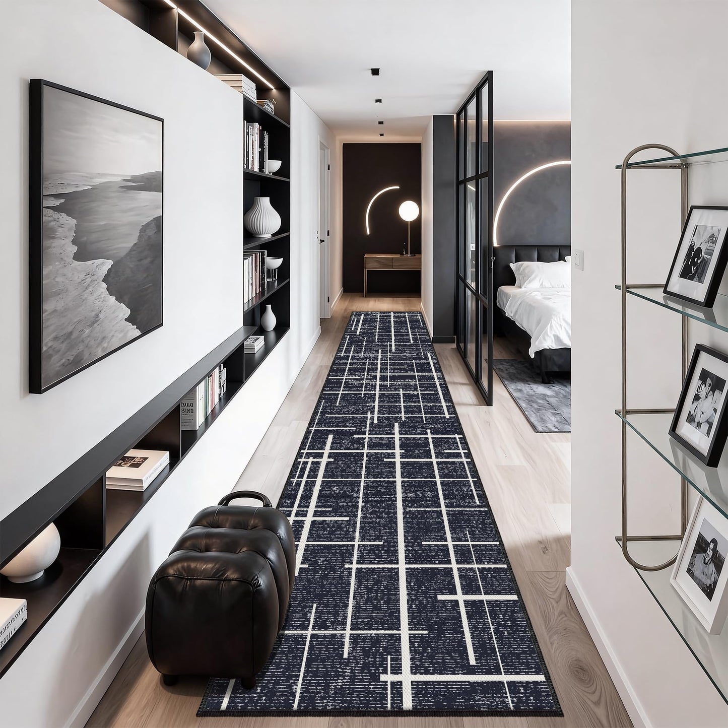 TTelephant Non Slip Hallway Runner Rug 2.6x12, Modern Distressed Stripe, Washable Extra Long Rug, Woven Thin Low Pile Carpet Runners for Hallway 12ft Entryway, Kitchen, Walkway- Midnight Black