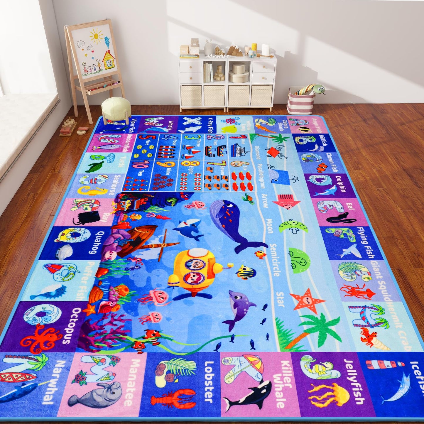 DINSUMRUG 3'3"×5' Interactive Ocean World Learning Rug with ABC, Sea Animals, Numbers & Shapes for & Preschoolers, Washable Non-Slip Carpet for Playroom, Nursery & Homeschool