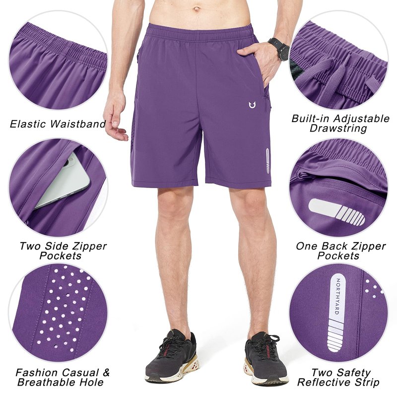 NORTHYARD Men's Athletic Running Shorts Gym Workout 7"/9"/5" Quick Dry Lightweight Sports Basketball Tennis 3 Zipper Pockets Purple M