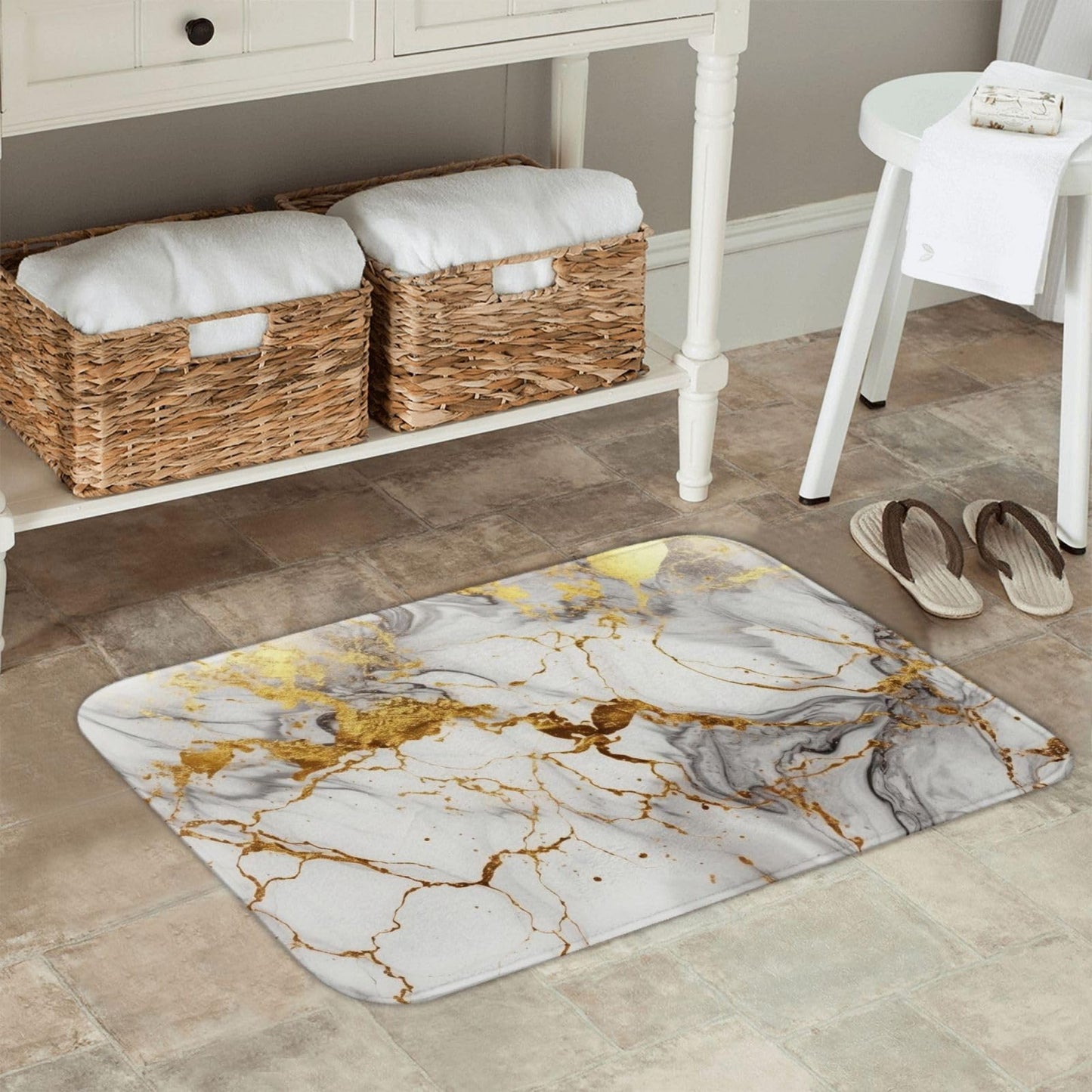 Jbofyee Golden White Marble Print Bath Mat 24x16 Inch Non-Slip Soft Microfiber Bathroom Rugs Washable Bathmat, Carpet Rug Entryway Decor for Tub Shower Room Floor