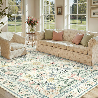 Lahome Sylvie Boho Rugs for Living Room, Washable Large 8 x 10 Area Rugs for Bedroom Non Slip, Soft Ultra-Thin Distressed Floral Throw Carpet for Office Dining Room, Cream/Multi