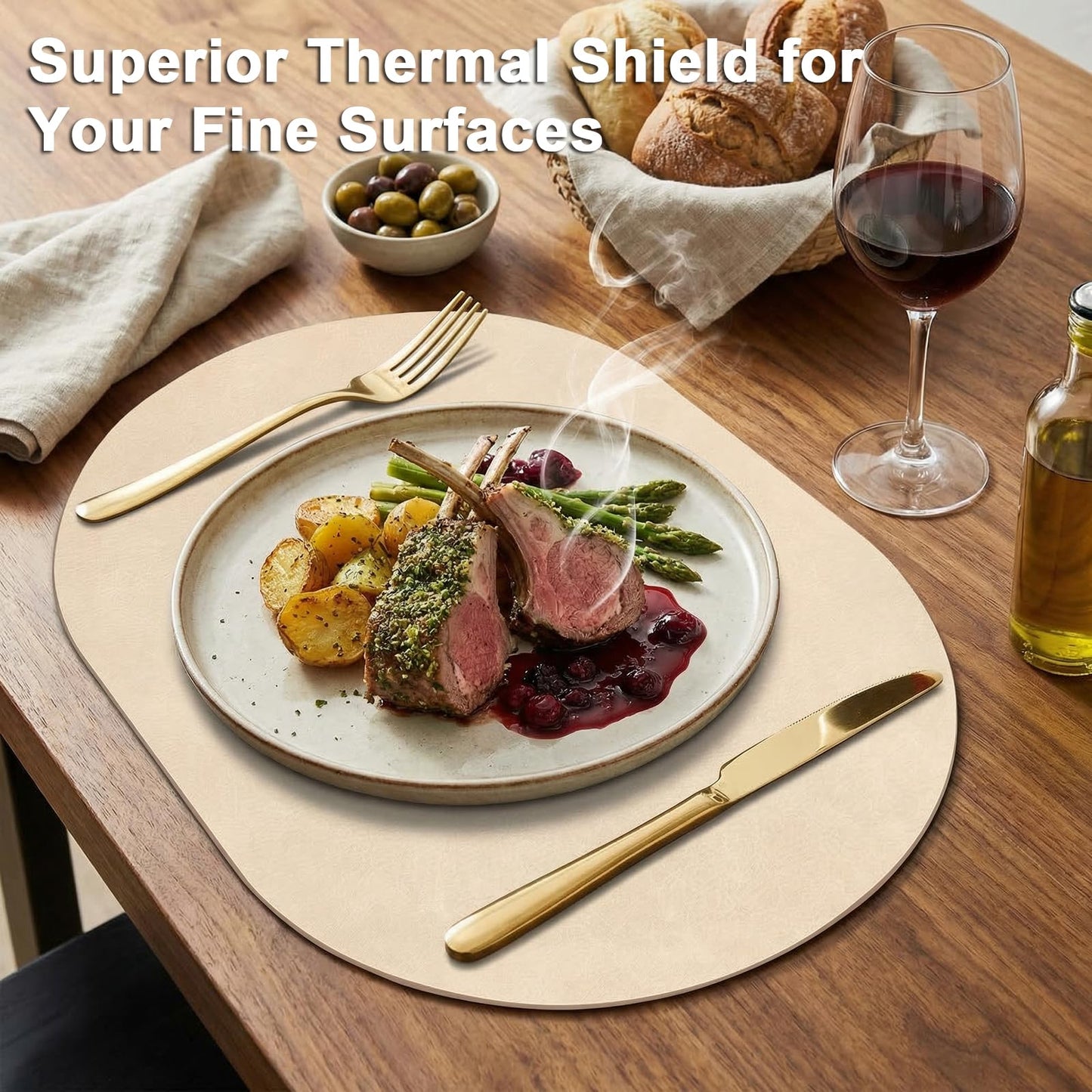 BIPASION Oval Placemats 2mm Ultra Thick Faux Leather Table Mats, Heat Resistant Waterproof Wipeable Dining Mats for Kitchen Table, Set of 12, Beige