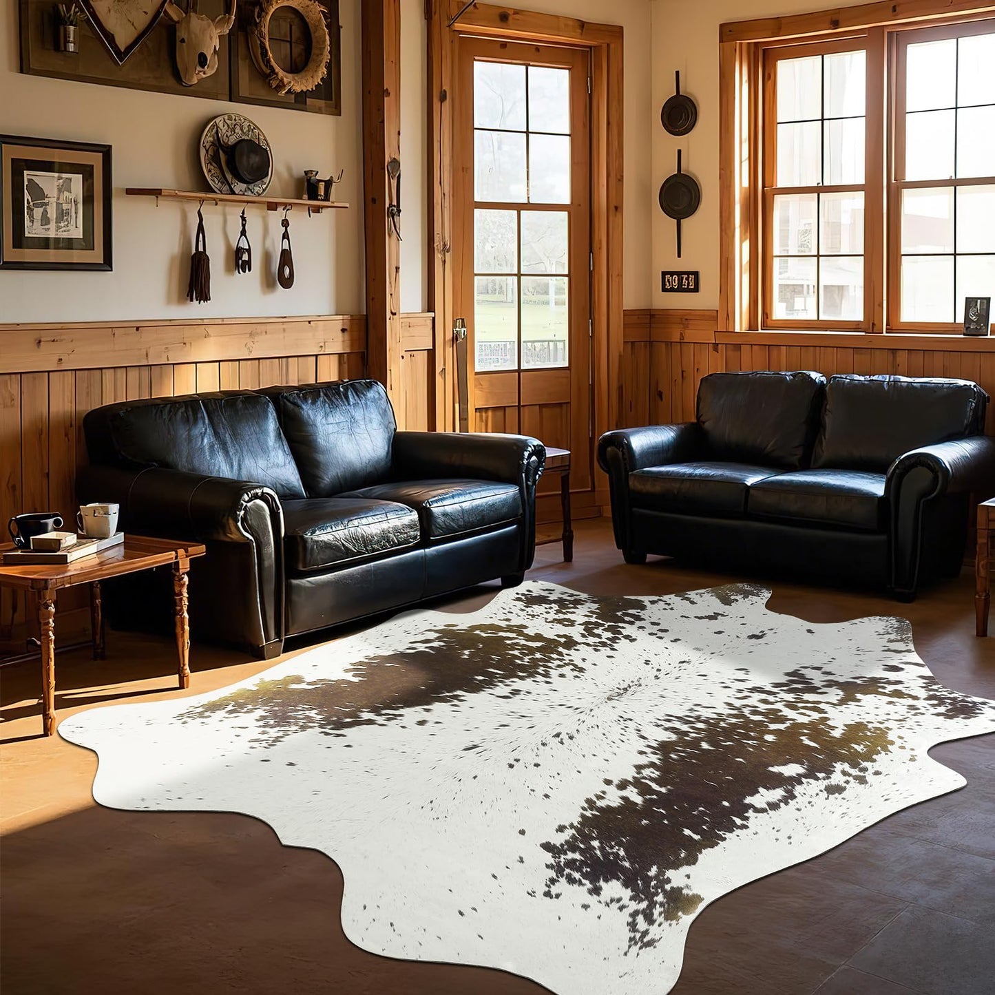 B BENRON Western Cowhide Rug, Faux Cow Hide Rugs for Living Room Bedroom Home Decor, Non Slip Cute Rug with Irregular Animal Skins and Hides, Brown and White, 5.2 x 6.2ft