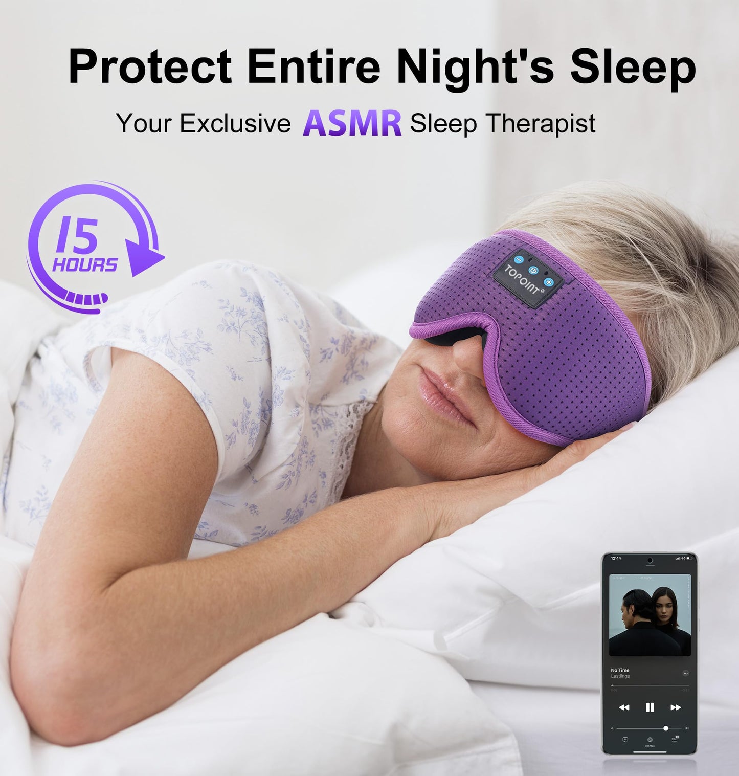TOPOINT Sleep Mask with Bluetooth Headphones, Breathable Silk Eye Mask for Sleeping Men Women, Bluetooth Sleep Mask Blackout with Speakers, Microphone Handsfree, USB C for Travel Meditation Gifts