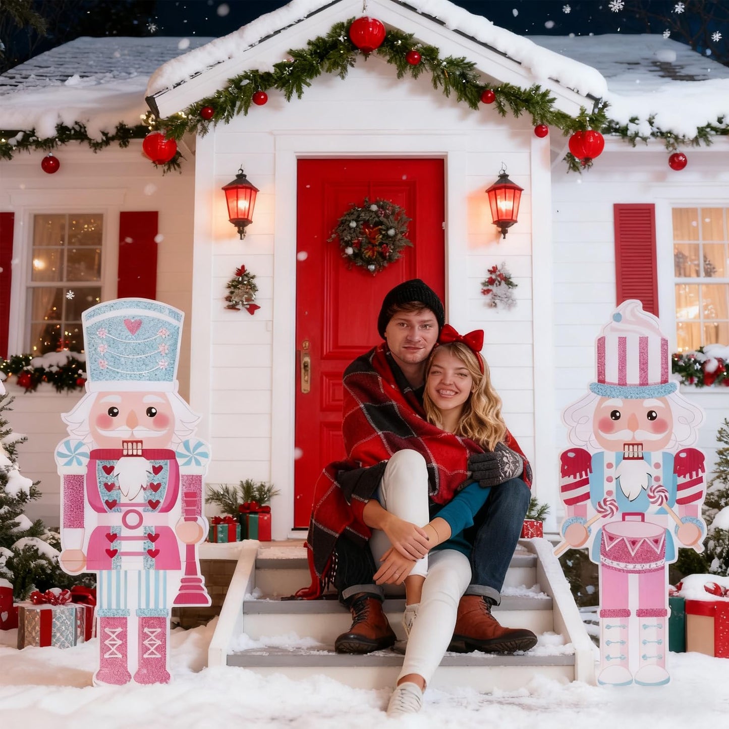 GOLDCROW 2 Pcs Nutcracker Yard Stakes, Christmas Nutcracker Porch Sign, Pink Christmas Yard Decorations for Lawn, Garden, Outdoor Xmas Winter Holiday Party Supplies