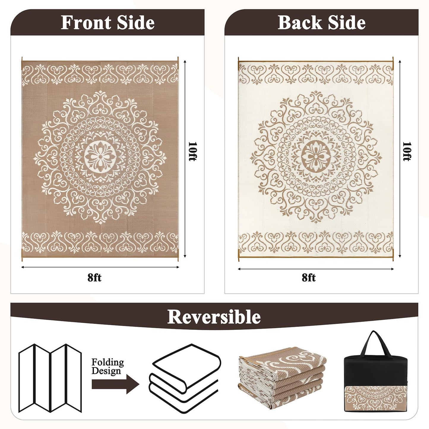 Pauwer Waterproof Outdoor Rug 8x10, Reversible Plastic Straw Patio Camping Rug, Indoor Outdoor RV Mat Carpet for Deck, Camper, Porch, Balcony, Backyard, Picnic, Floral Brown