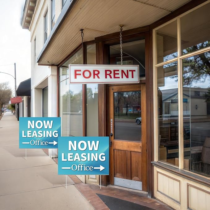 Ripeng 3 Pcs Leasing Double Sided Yard Signs with Arrow 16 x 12 Inch Yard Signs with Stakes for Outdoor Office Retail Store Restaurant Bar Hotel(Now Leasing Office)