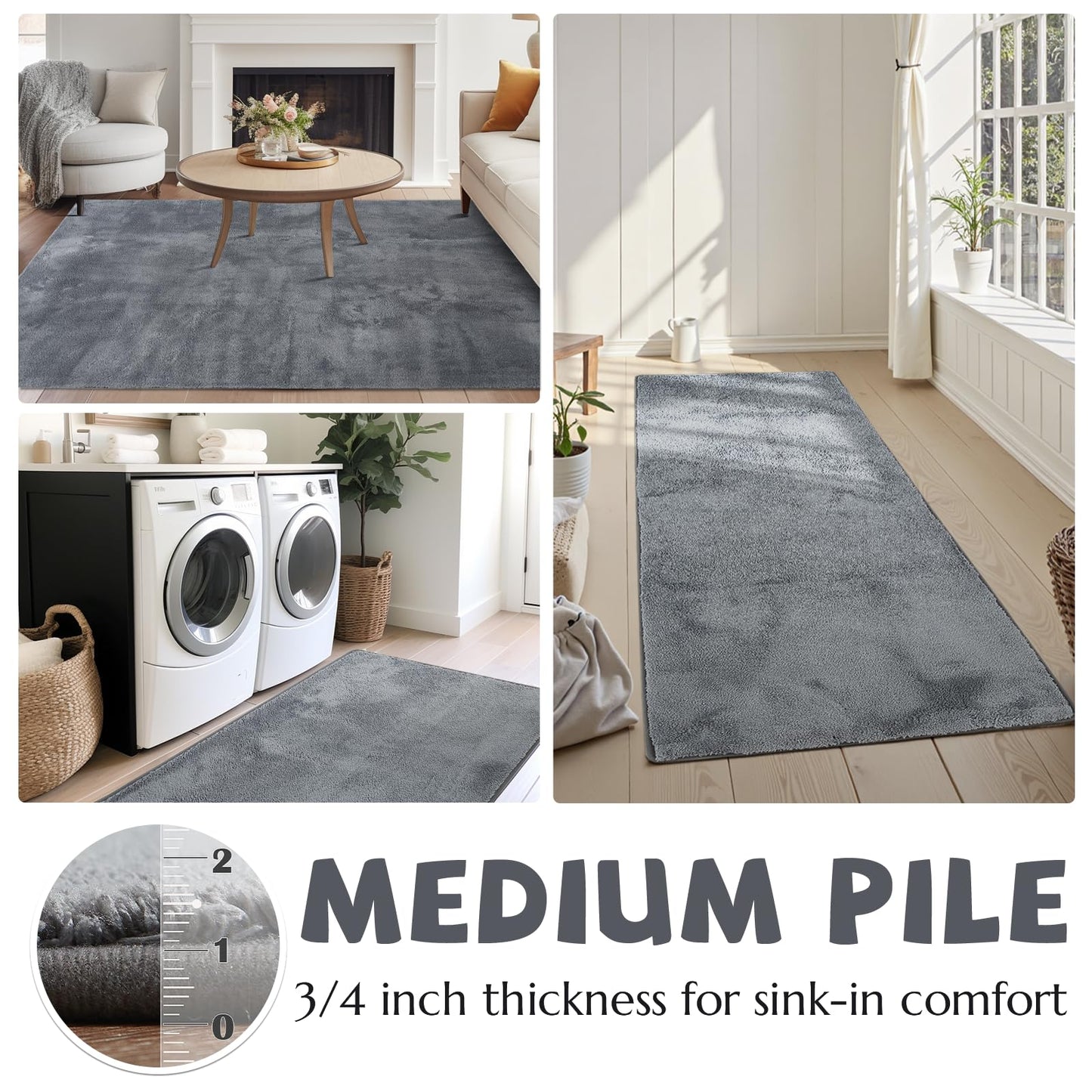 jinchan Solid Plush Runner Rug 2x5 Performance Shaggy Washable Hallway Rug Soft Modern Faux Wool Cozy Non Slip Carpet for Bedroom Laundry Room Living Room Kids Nursery Grey