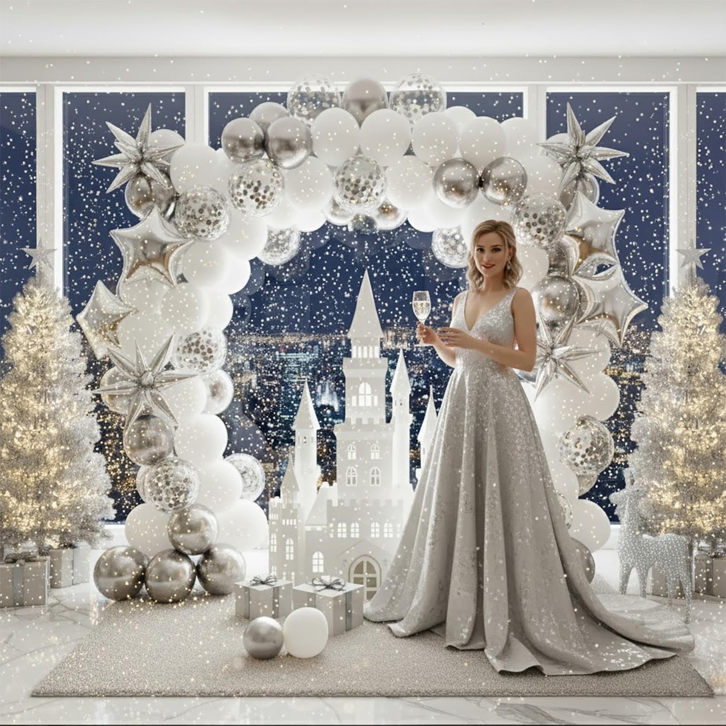 White Winter party decorations with Pearl White Silver Balloon Garland Arch & foil Star printed balloons Artificial Snowflakes for winter wonderland 1st birthday Christmas new year party decorations