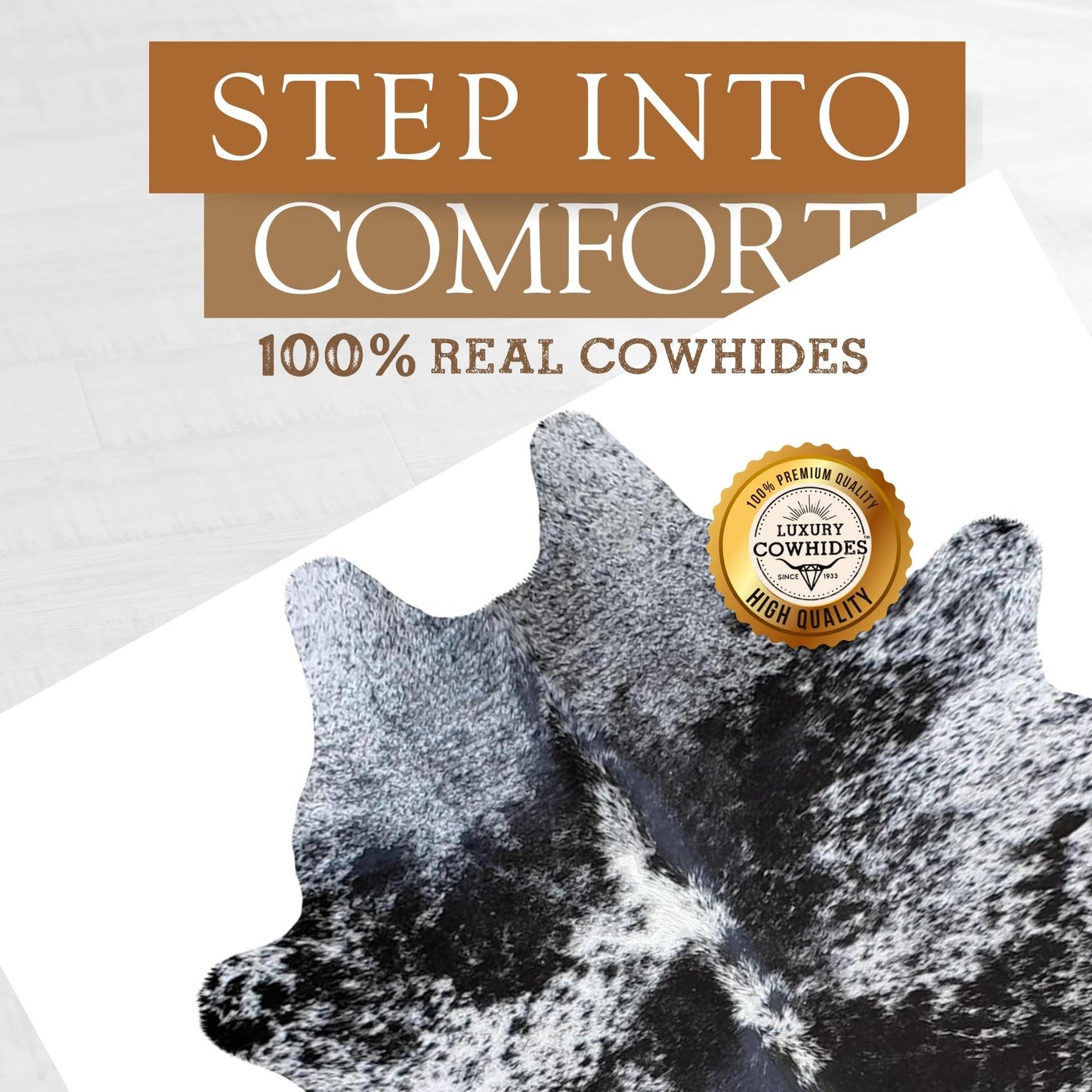 Sunshine Cowhides 100% Genuine Salt and Pepper Black and White Longhorn Cowhide Rug - Modern Style Animal Skin Rug & Floor Carpet for Living Room, Bedroom, Kitchen & More - Large (6x6-7ft)