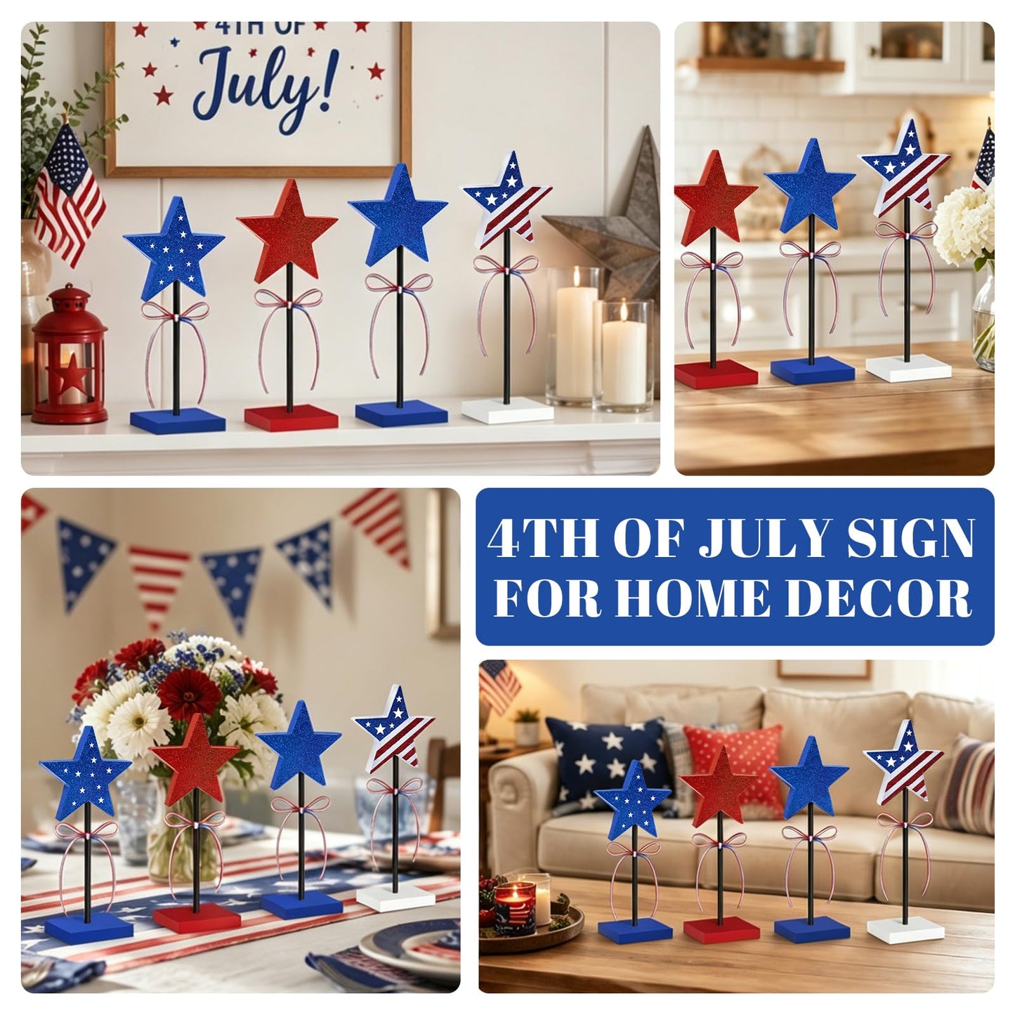 4th of July Tiered Tray Decor Wooden Shiny Star Set, 4 Pcs 250th Anniversary Centerpieces for Tables, Patriotic Tabletop Home Decor, Red White and Blue Decorations for Independence Day Party