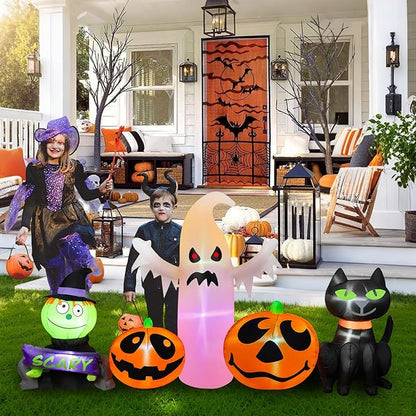 8FT Long Halloween Inflatables Outdoor Decorations, Inflatable Pumpkin and Ghost Black Cat Halloween Decorations with Built-in RGB LEDs Blow Up Inflatable for Halloween Party Garden Yard Lawn