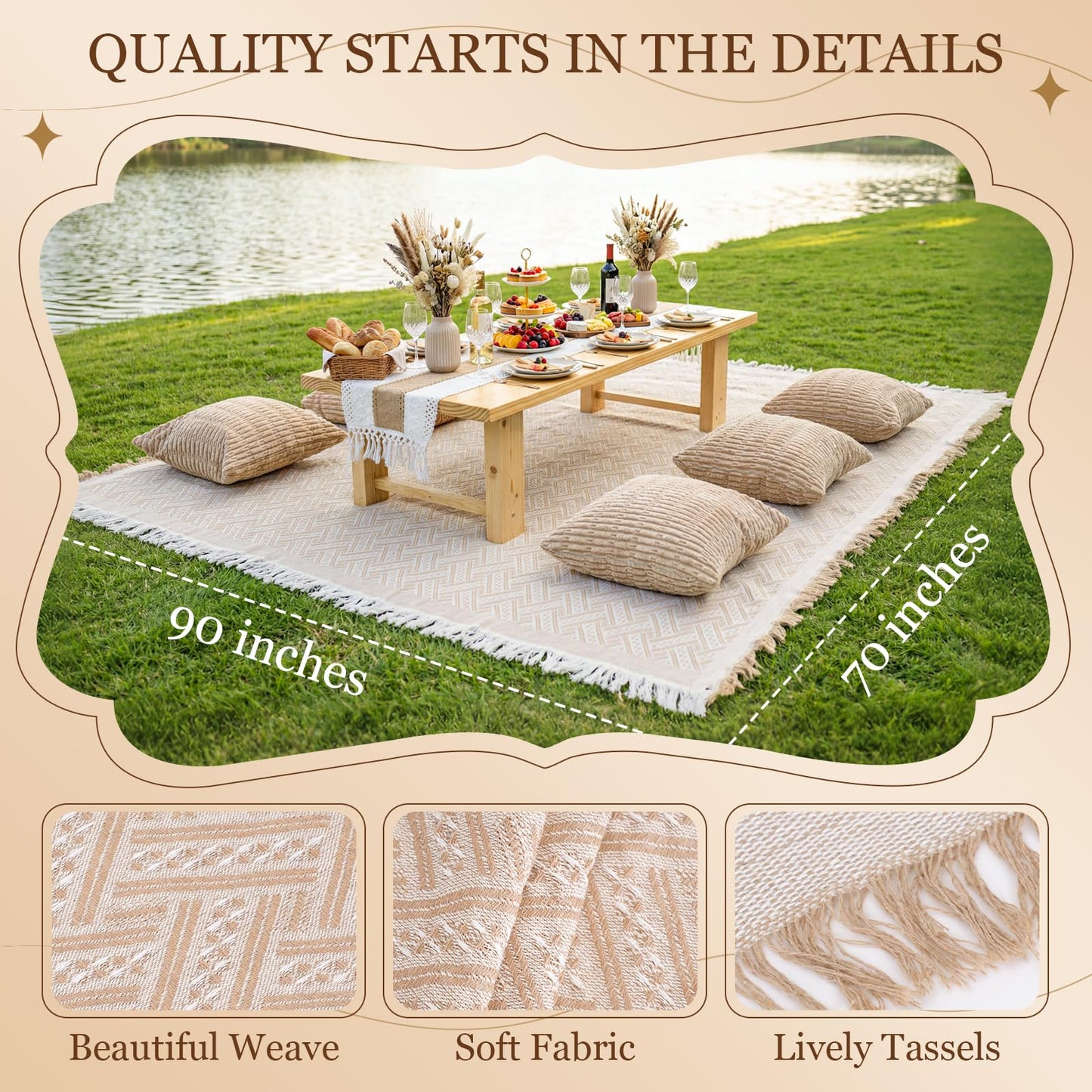 Extra Large Outdoor Rug Boho Picnic Blanket with Low Table Runner and 6 Throw Pillows Covers Set for Beach Essentials Beach Accessories Garden Party Decoration Patio Park Lawn Grass Festival Mat XL