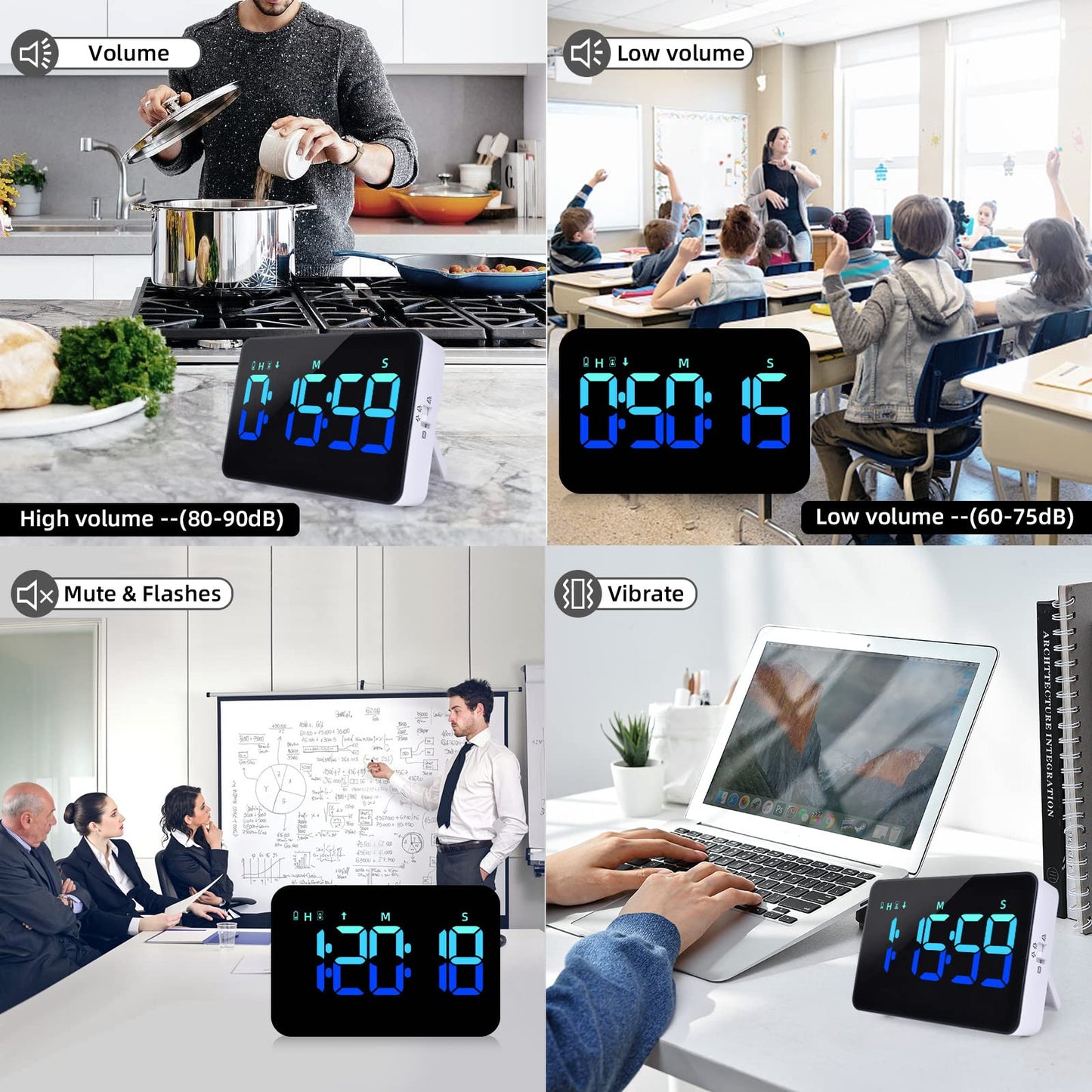 PERSUPER Kitchen Digital Timer, Count Down Up, Rechargeable, Vibration Mode Adjustable Volume and Brightness LED Display, Time Management Cook, Desk, Kids Adults Study Teaching, Kitchen Gadgets Blue