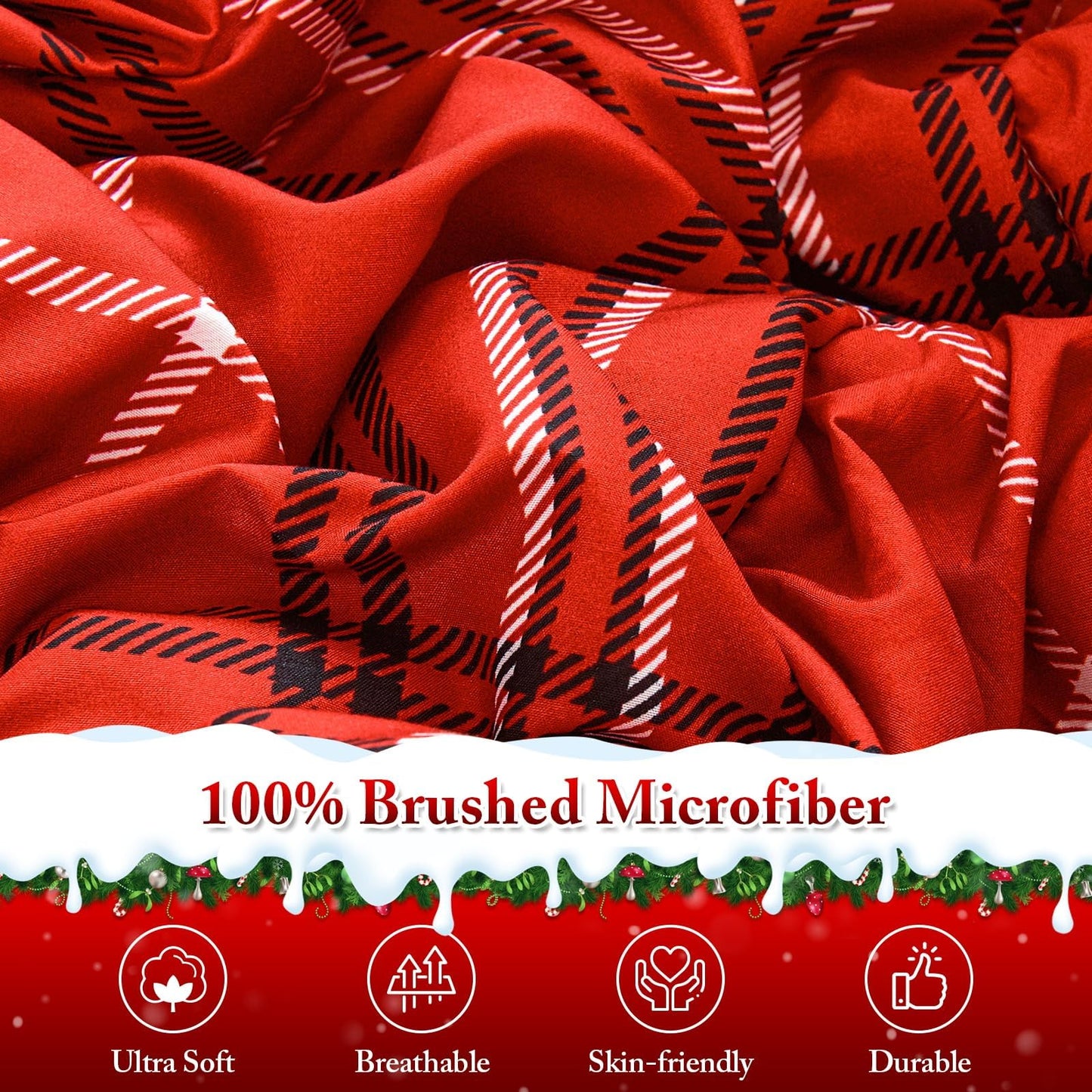 YIYEA Christmas Comforter Set, 7 Pieces Bed in a Bag, Christmas Bedding Sets with Comforter, Flat Sheet, Fitted Sheet, 2 Embroidered Pillowcases, and 2 Printed Pillowcases, Queen